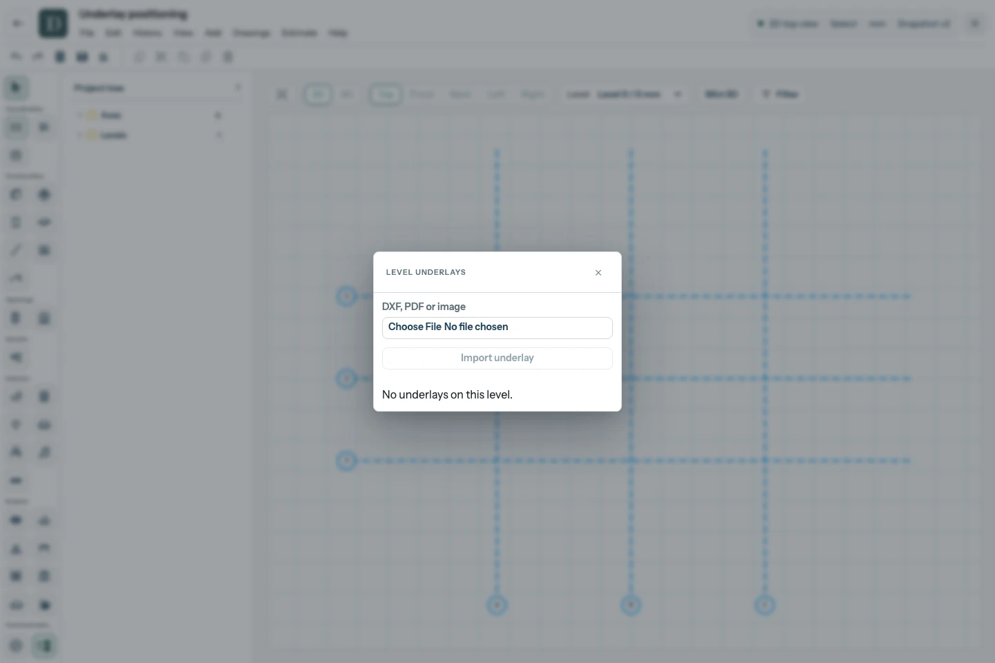 Light-theme editor with the empty Level underlays import dialog centered over a blurred workspace.
