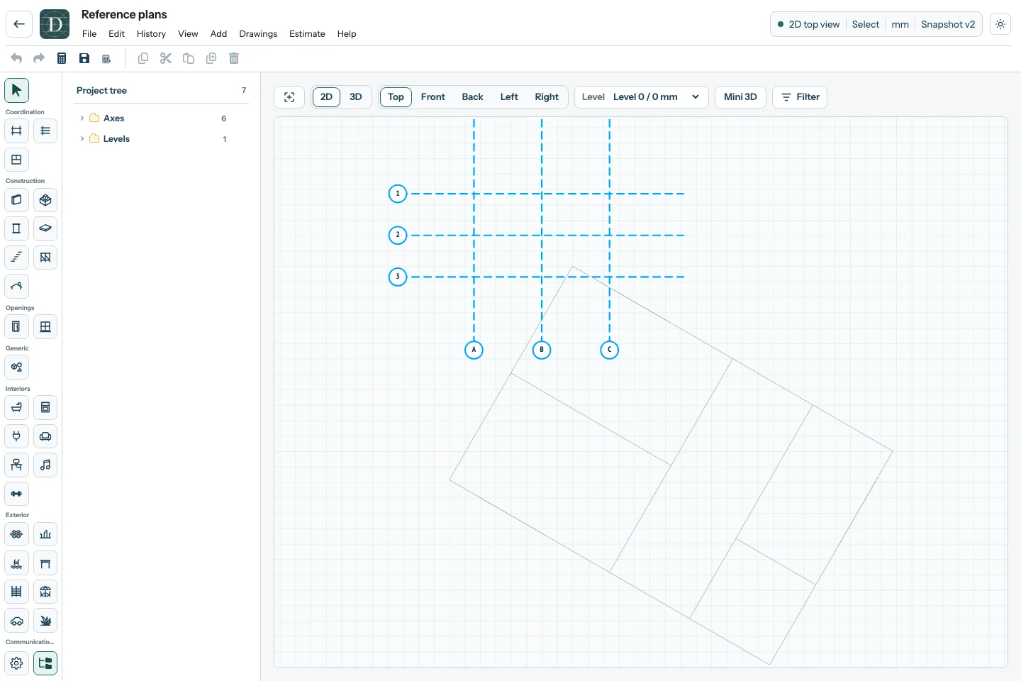 Complete Top 2D editor with a floor-plan underlay positioned behind the modeling workspace.