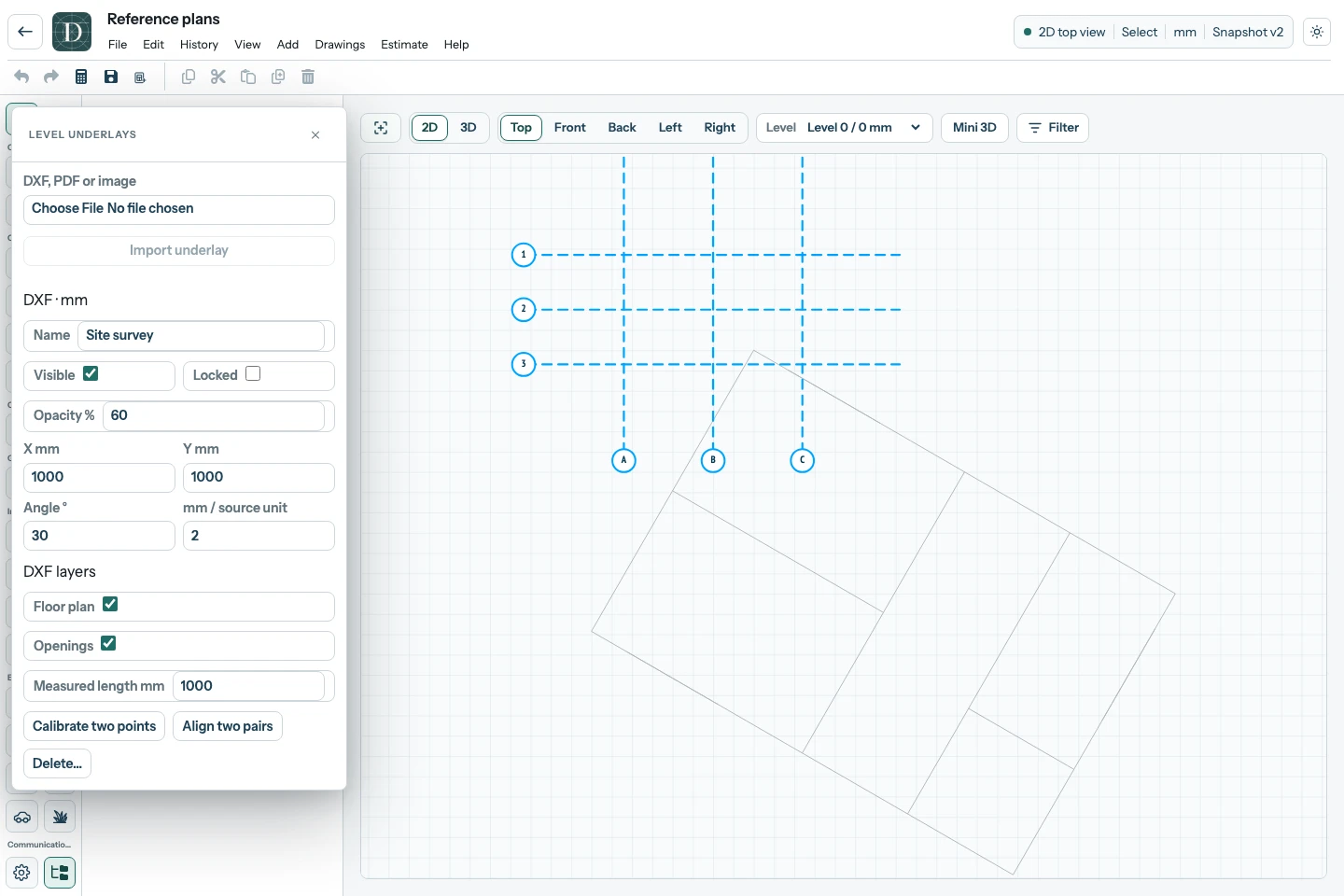 Light-theme editor with the Level underlays panel showing visibility, opacity, position, angle and DXF layers.