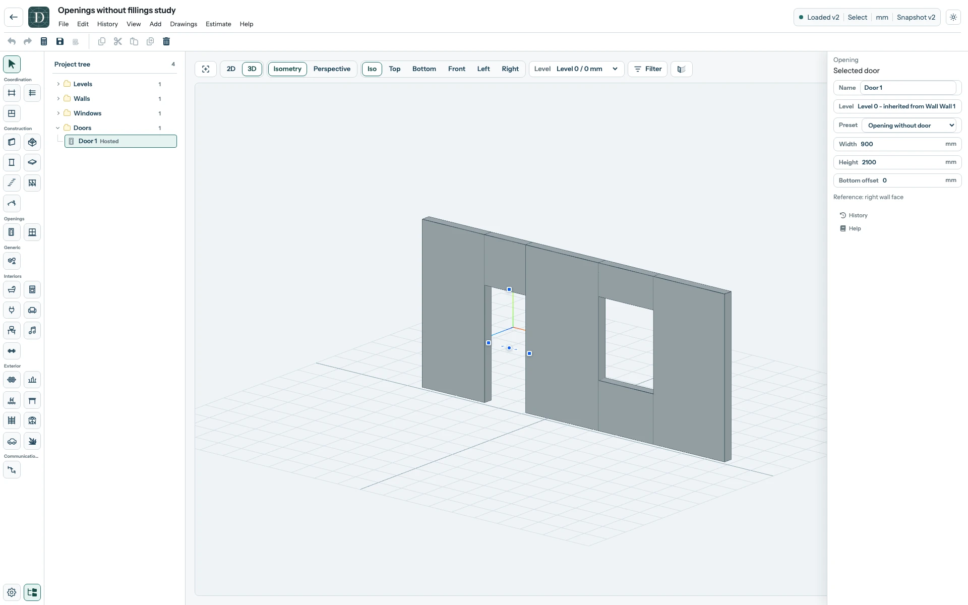 Complete light-theme editor showing a selected opening without a Door and its dimension controls.