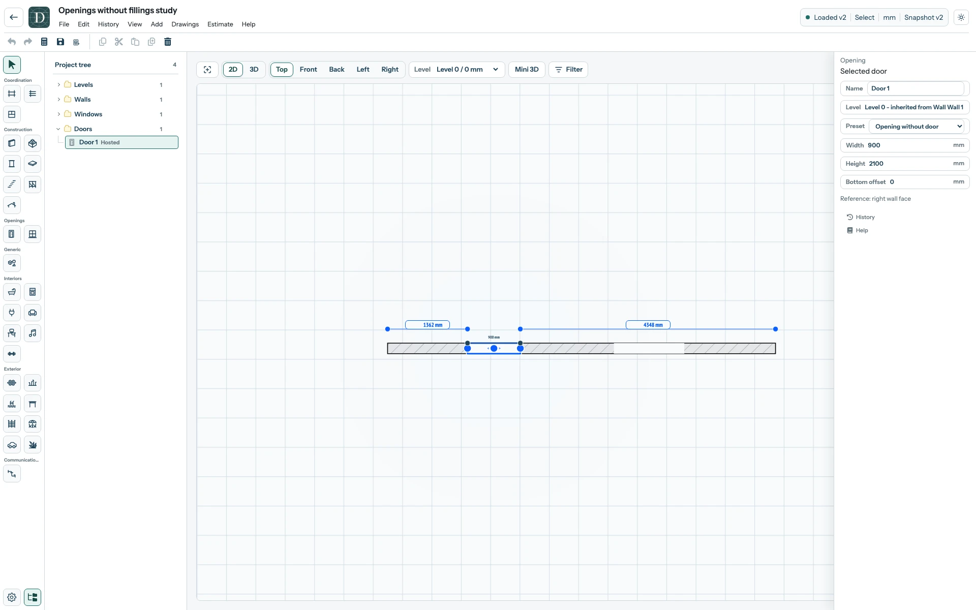 Complete Top editor showing both empty hosted openings, with the Door variant selected.