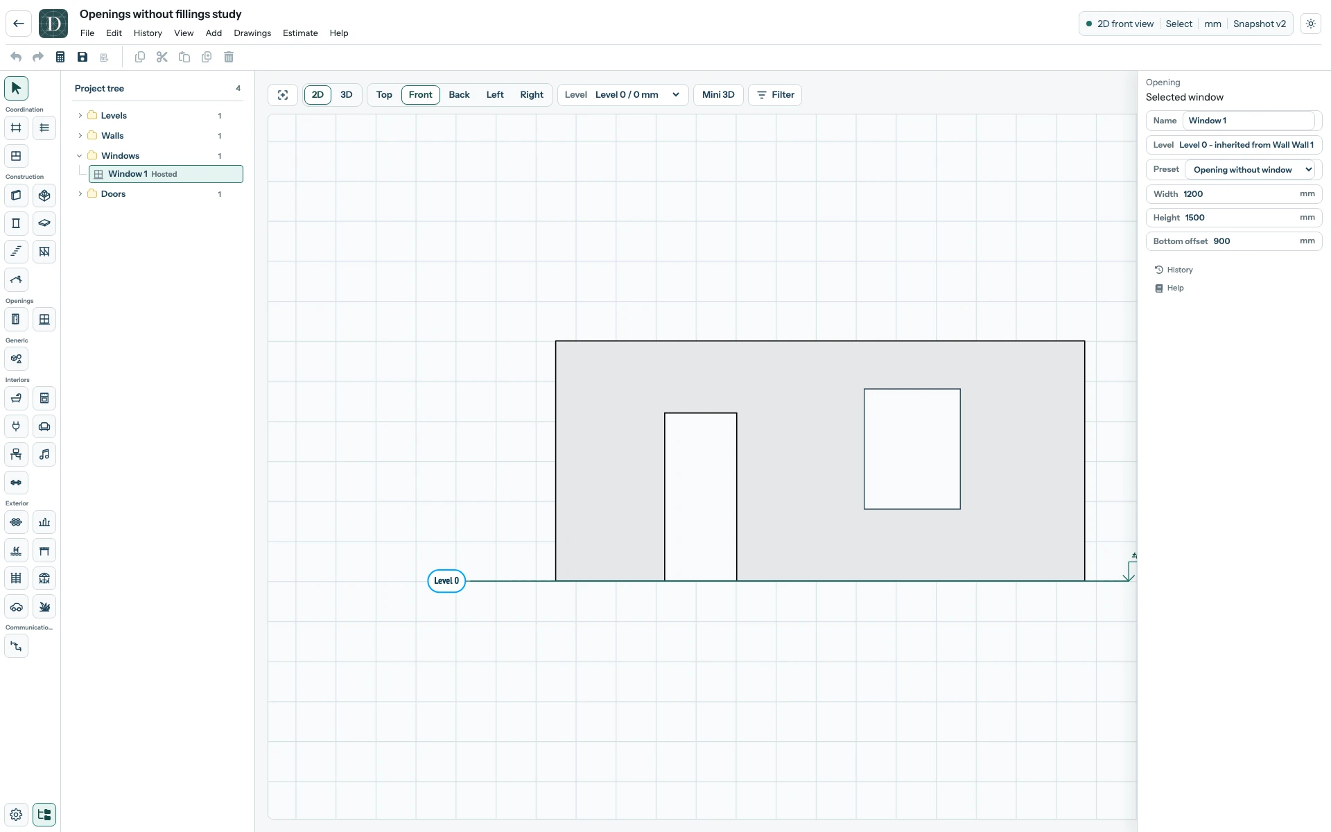 This example uses a 900 mm Bottom offset; choose the opening height and position required by your own project. Complete Front editor showing the same empty Window opening and its Bottom offset above the Wall base.
