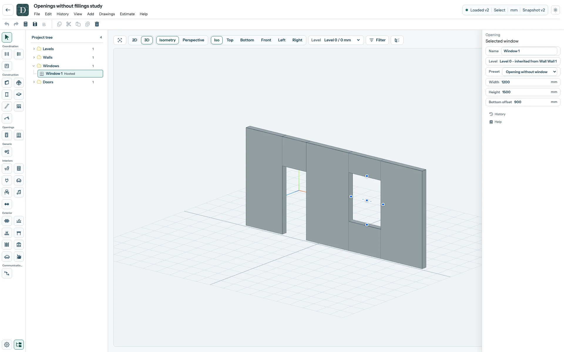 Opening without window retains an editable rectangular cut and Bottom offset, without frame, glass or sill. Complete light-theme editor showing a selected opening without a Window in its host Wall.