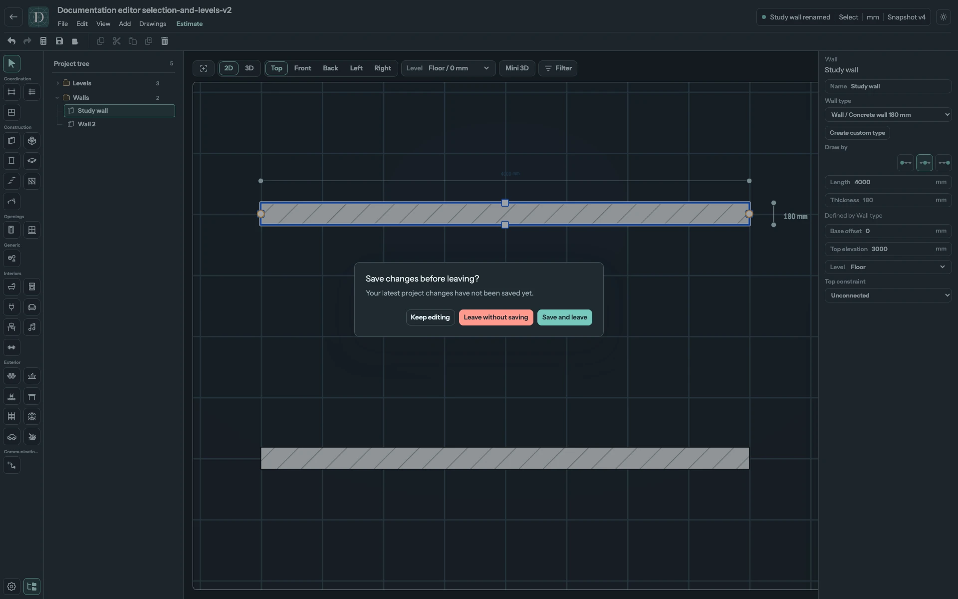Full editor with the unsaved-changes dialog open and the three leave actions visible.