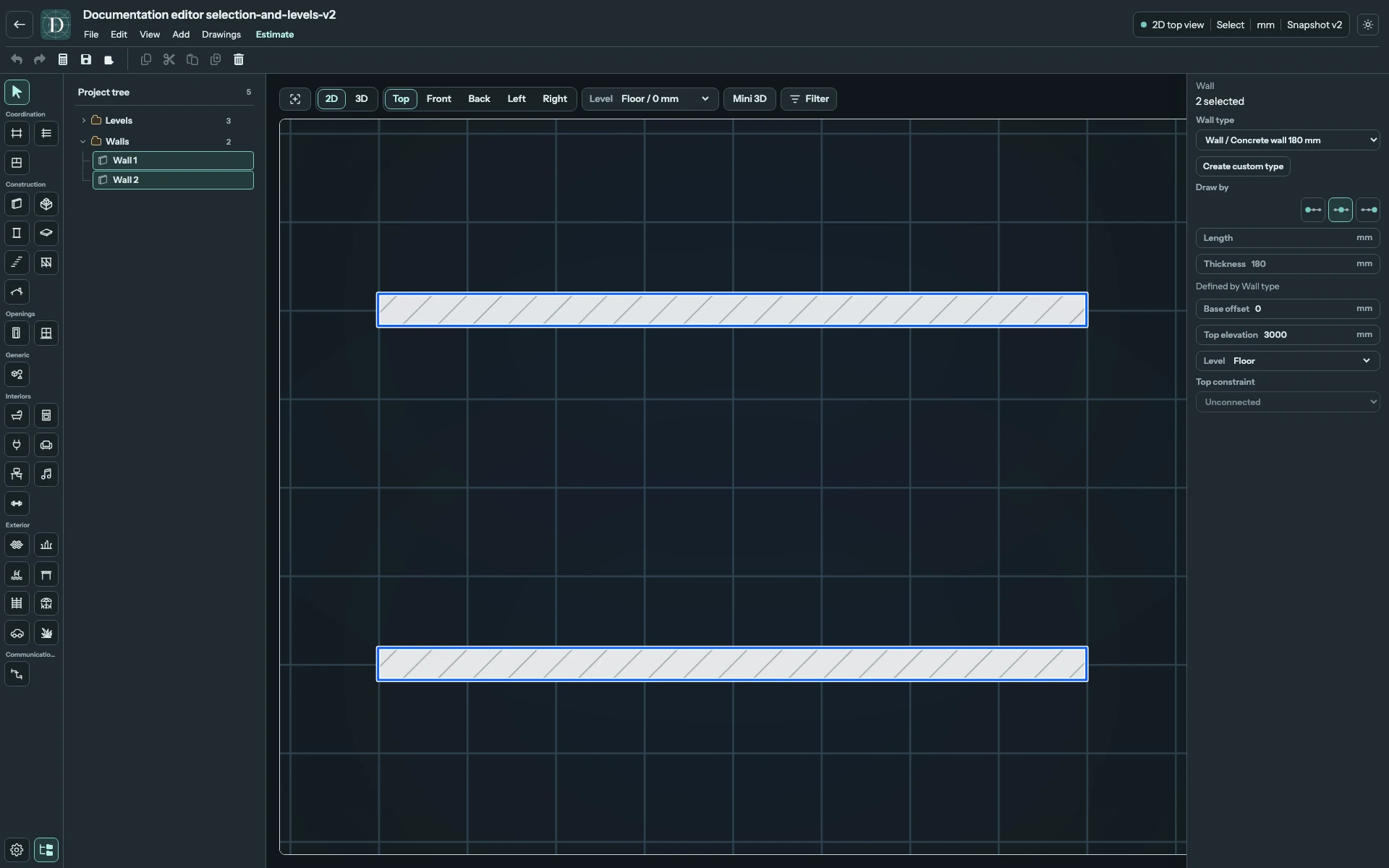 Full Top editor with two Walls selected and their shared properties visible on the right.