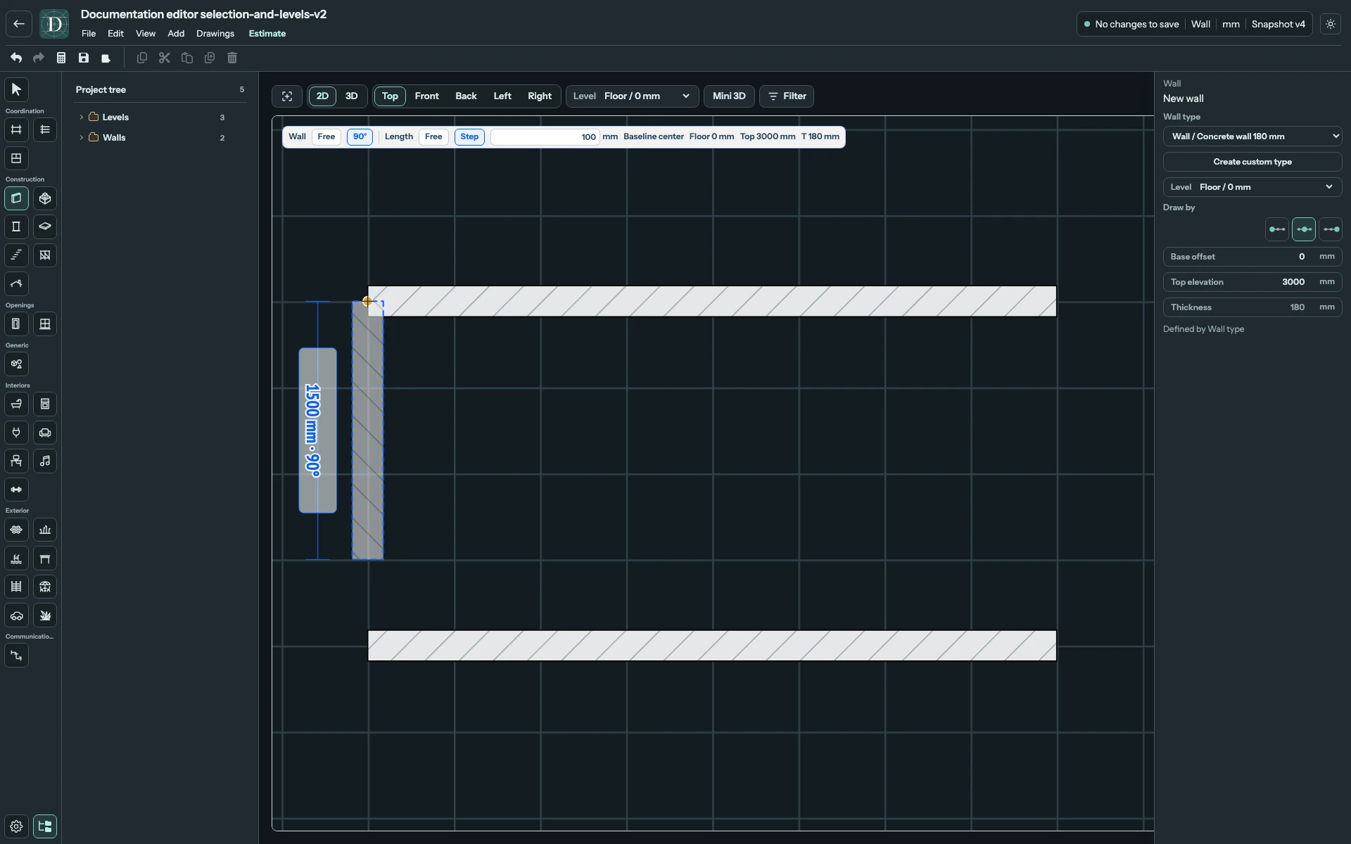 Full Top 2D editor with an orange snap marker at an existing Wall endpoint, a vertical Wall preview and the 90° and Length Step 100 mm controls.