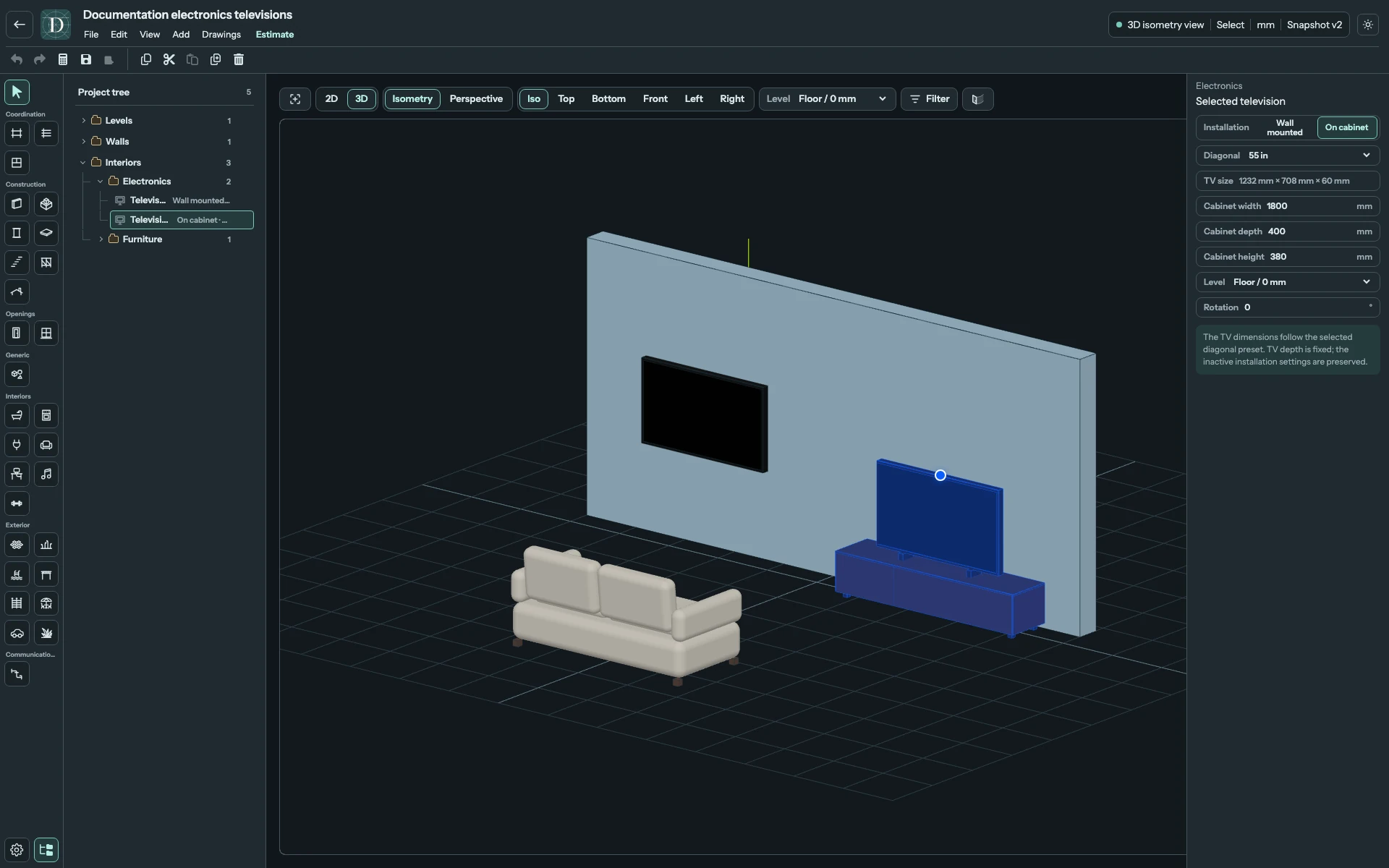 On cabinet reveals the three cabinet dimensions. The cabinet and screen remain one movable television object. Full editor showing the cabinet television selected beside the wall-mounted example.