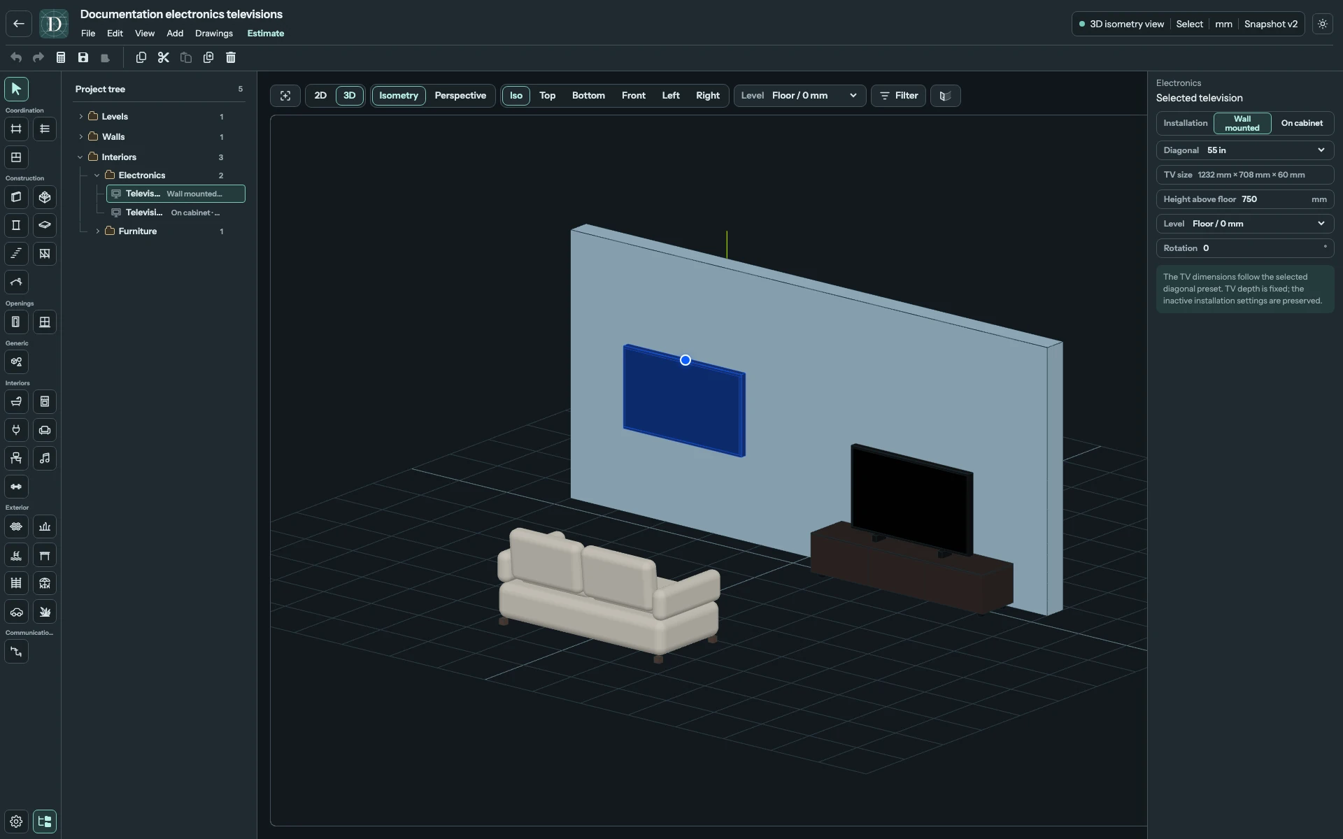 The selected wall-mounted screen shows Diagonal, read-only TV size and Height above floor. Its lower edge is elevated above the selected Level. Full editor showing the wall-mounted television selected in the 3D seating-area comparison.