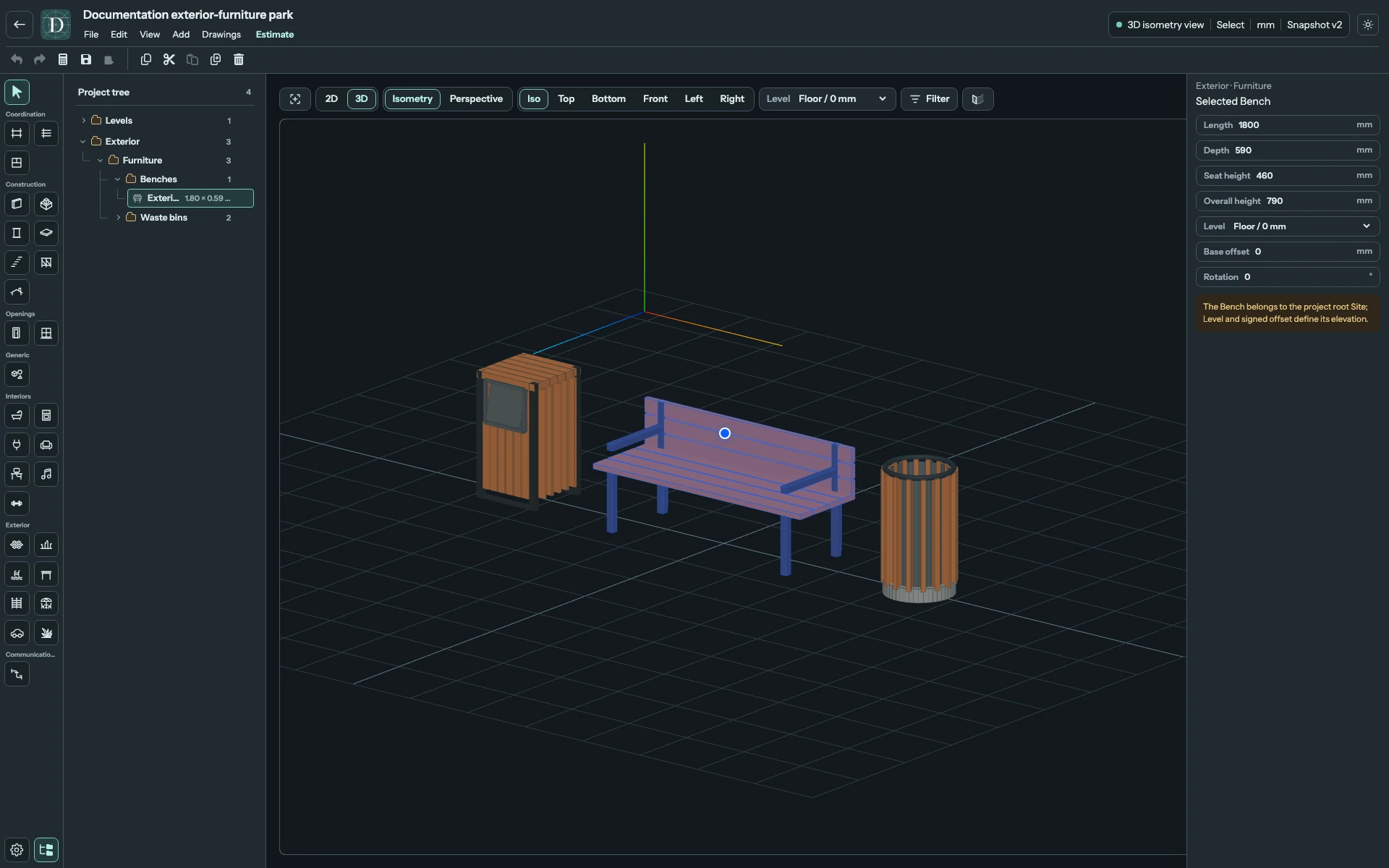 The example's 1800 mm Bench sits between the two Waste bin forms. Their openings and supports are visible in 3D. Complete 3D editor focused on a Bench between square side-loading and round top-loading Waste bins.