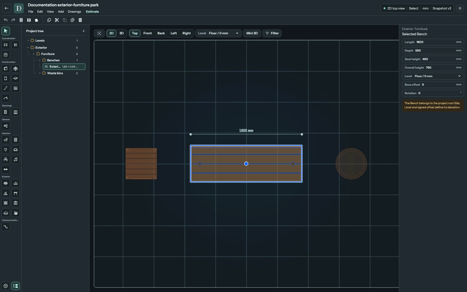 Top distinguishes the Bench seat and back from the two bin footprints; the selected Bench's dimensions appear in the panel. Complete Top editor showing the Bench footprint and the square and round Waste bins.