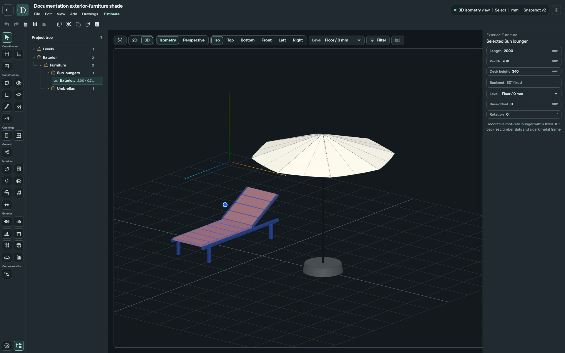 The lounger example is 2000 × 700 mm with Deck height 340 mm. The adjacent umbrella has a 2400 mm canopy and pole. Complete 3D editor focused on a Sun lounger beside an Umbrella with its weighted base.