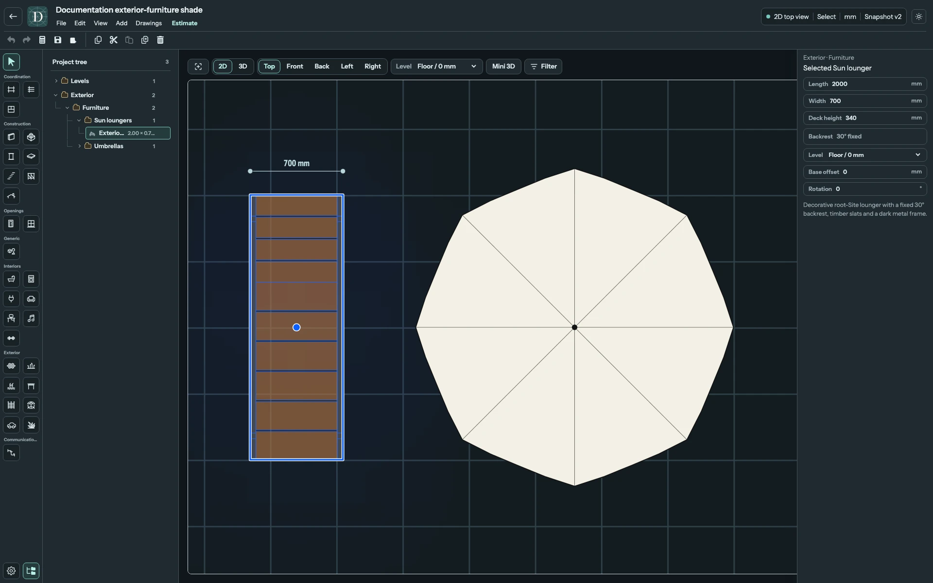 Top shows the lounger deck and canopy footprint. The umbrella is a separate object; moving it does not move the lounger. Complete Top editor showing the Sun lounger footprint beside the Umbrella canopy.
