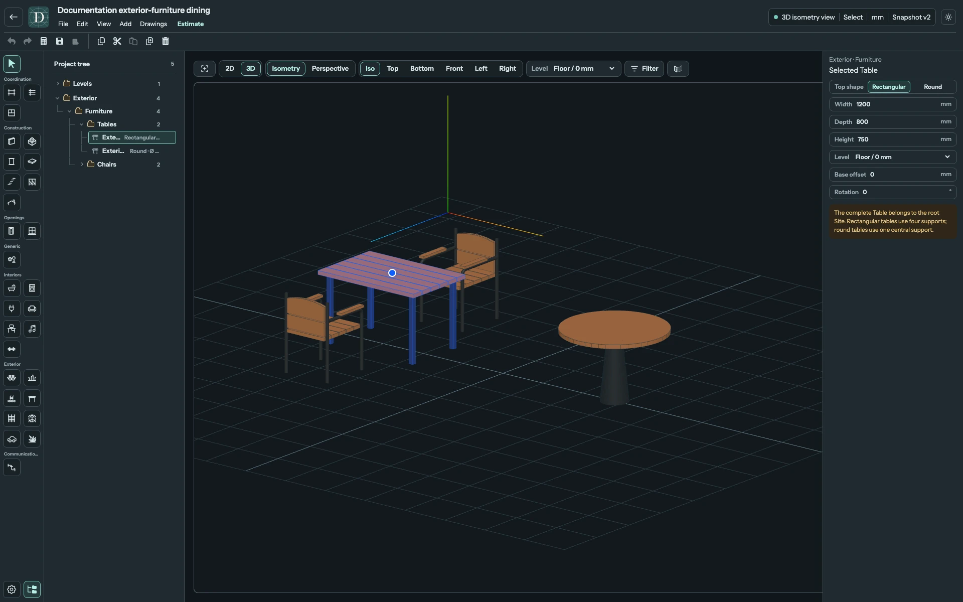 The rectangular table's four supports and round table's central support are visible. Each chair and table is edited separately. Complete 3D editor showing a rectangular exterior Table between two Chairs and a round Table beside it.