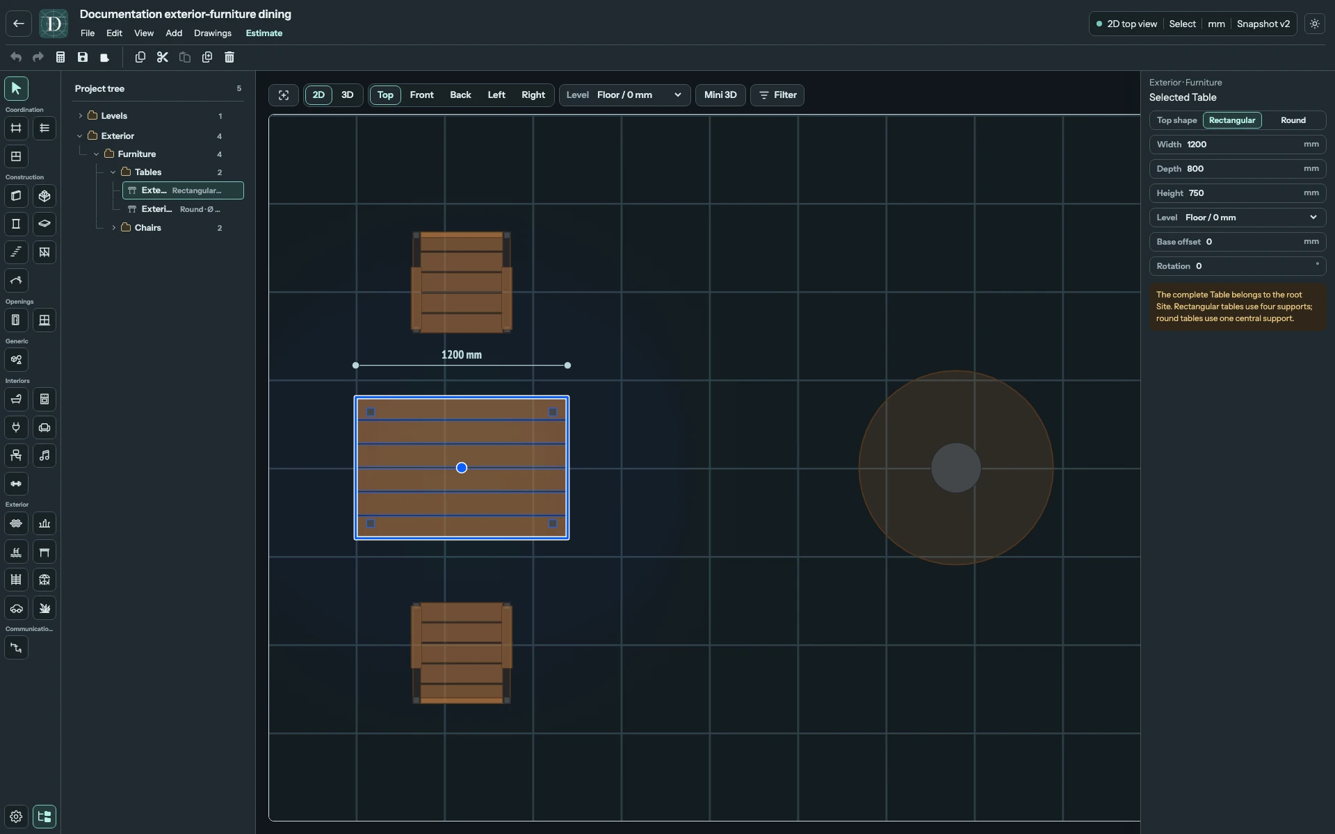 The selected rectangular example is 1200 × 800 mm. Top shape, Width and Depth apply to that table, not to the adjacent chairs. Complete Top editor showing rectangular and round exterior Table footprints with two Chairs.