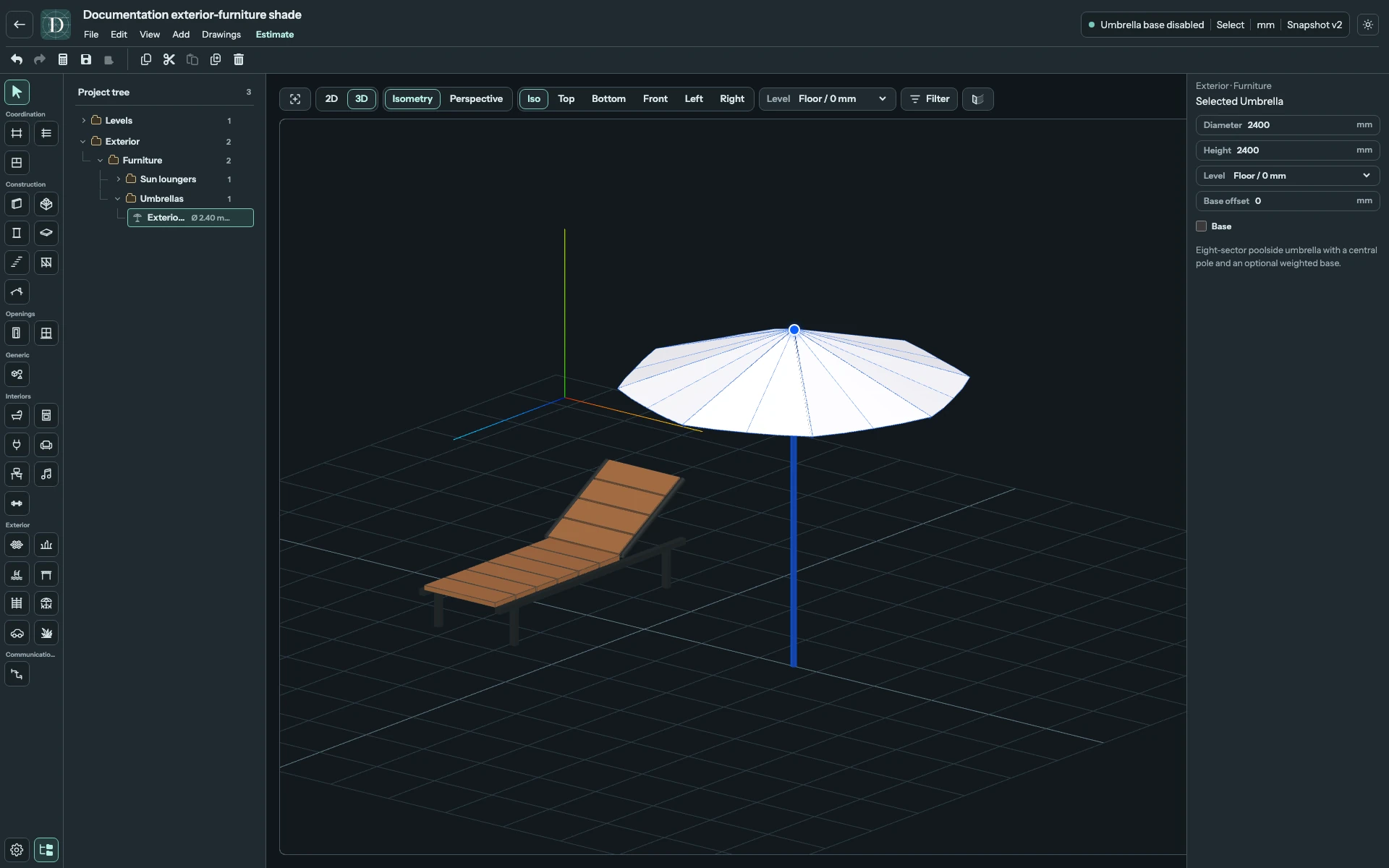 Clearing Base removes the modeled weight while retaining the pole and canopy. If your design uses another support, represent it separately. Complete 3D editor with the Umbrella selected and Base switched off.