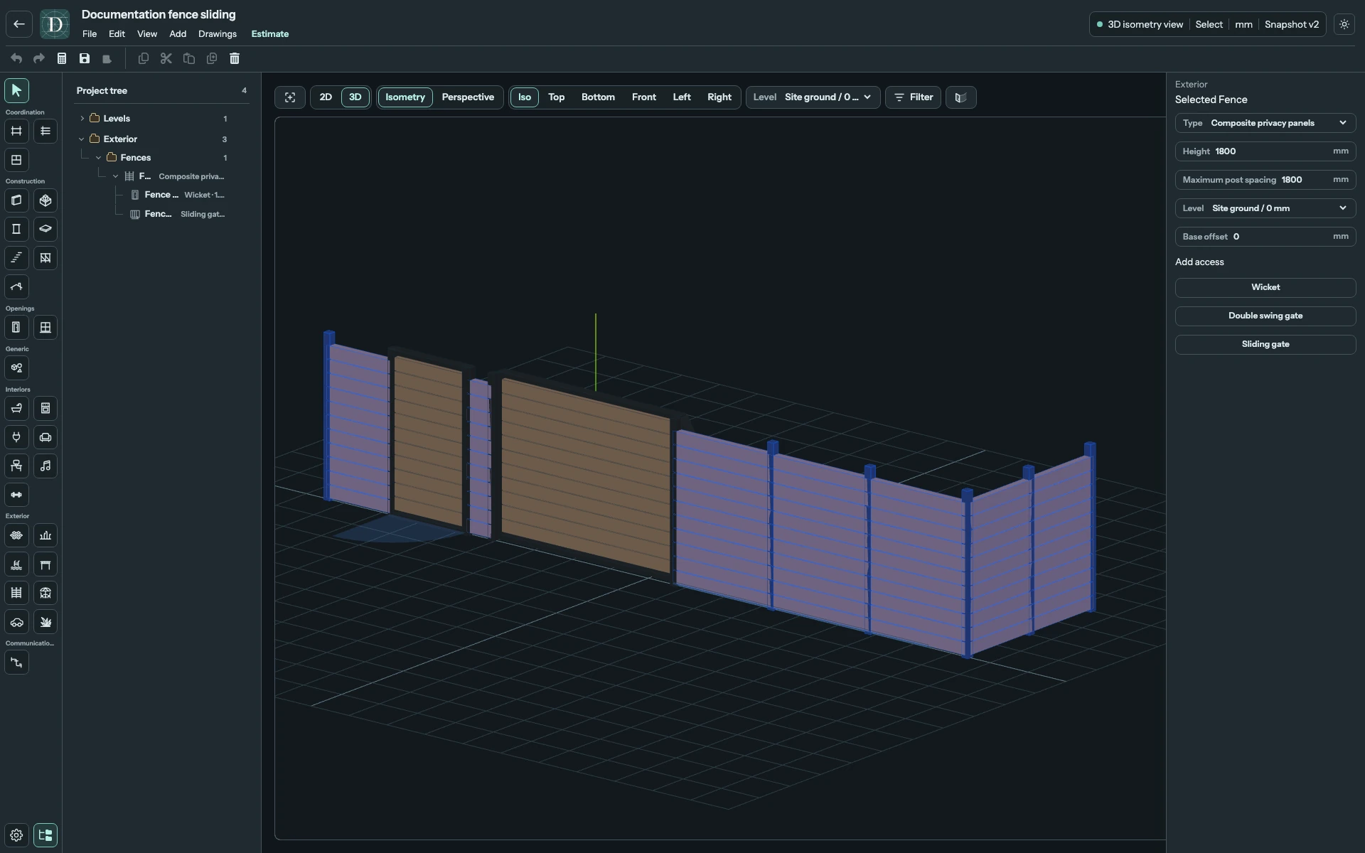 Composite privacy panels use closed infill and slimmer posts. Fence settings are visible on the right. Full editor showing a closed-panel composite Fence with a Wicket, sliding gate and short corner return.