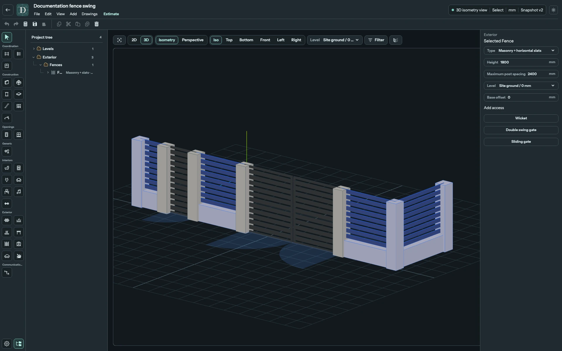 Posts, low masonry panels and slats follow the Fence spans; the two dark openings are separate access elements. Full editor showing a masonry-and-slat Fence, with the Wicket on the left, double swing gate in the centre and a right-hand return.