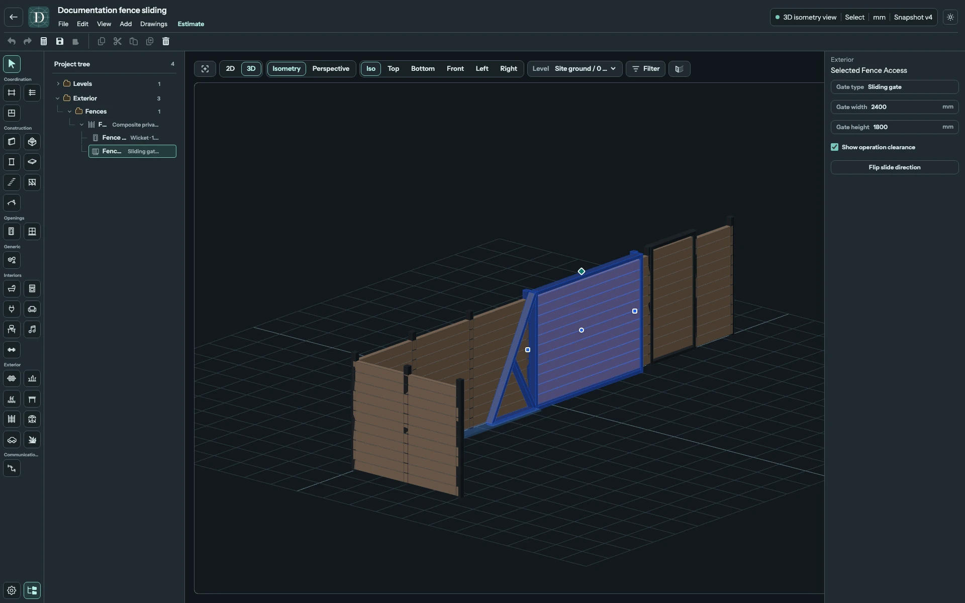From the reverse side, the filled leaf and triangular counterbalance tail are both visible. Reserve a straight run for their retraction along the Fence. Full editor showing the selected sliding gate from the reverse side, with its triangular counterbalance tail visible beside the filled leaf.