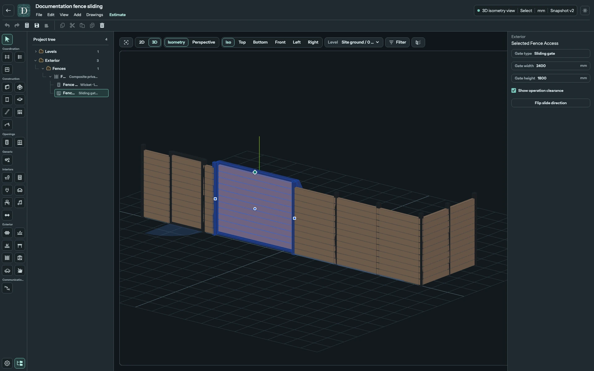 The selected panel moves parallel to the Fence. From this front view, the neighbouring closed panel hides most of its counterbalance tail. Full editor with a composite sliding gate selected in 3D beside the Wicket.