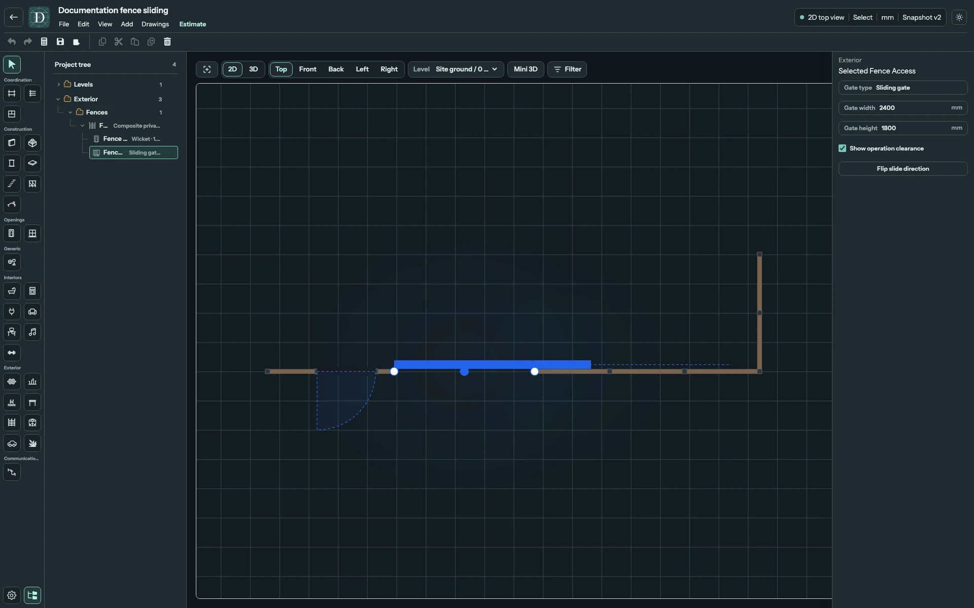 Read the sliding pocket along the Fence, rather than as a swing arc. The Wicket is placed on the other side so it does not occupy this pocket. Full Top editor showing a sliding gate's straight operation pocket along the Fence and a separate Wicket swing arc.