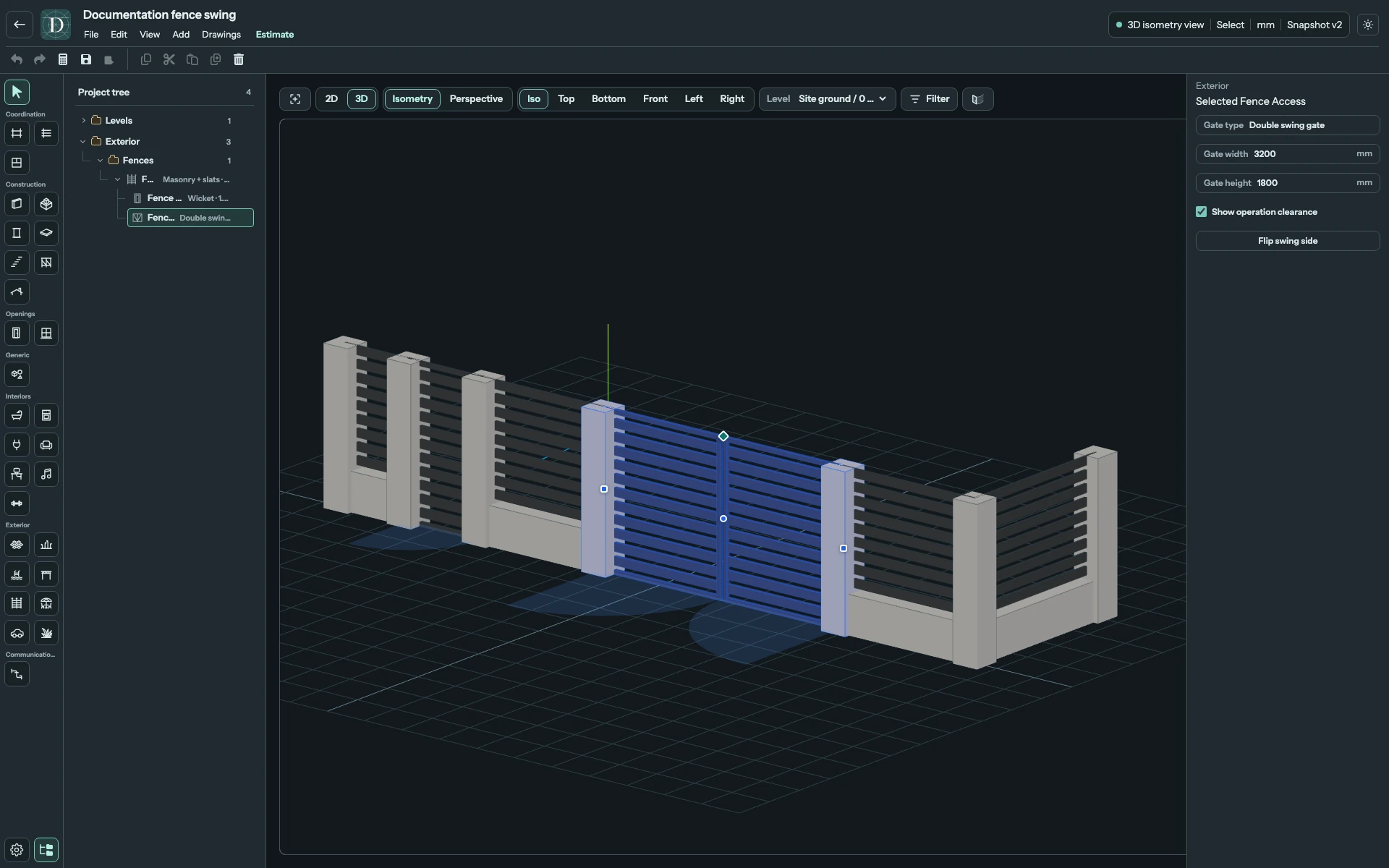 Two equal gate leaves fill one opening between the posts. The width control changes the entire entrance. Full editor with a 3200 mm double swing gate selected in 3D, beside a separate Wicket.