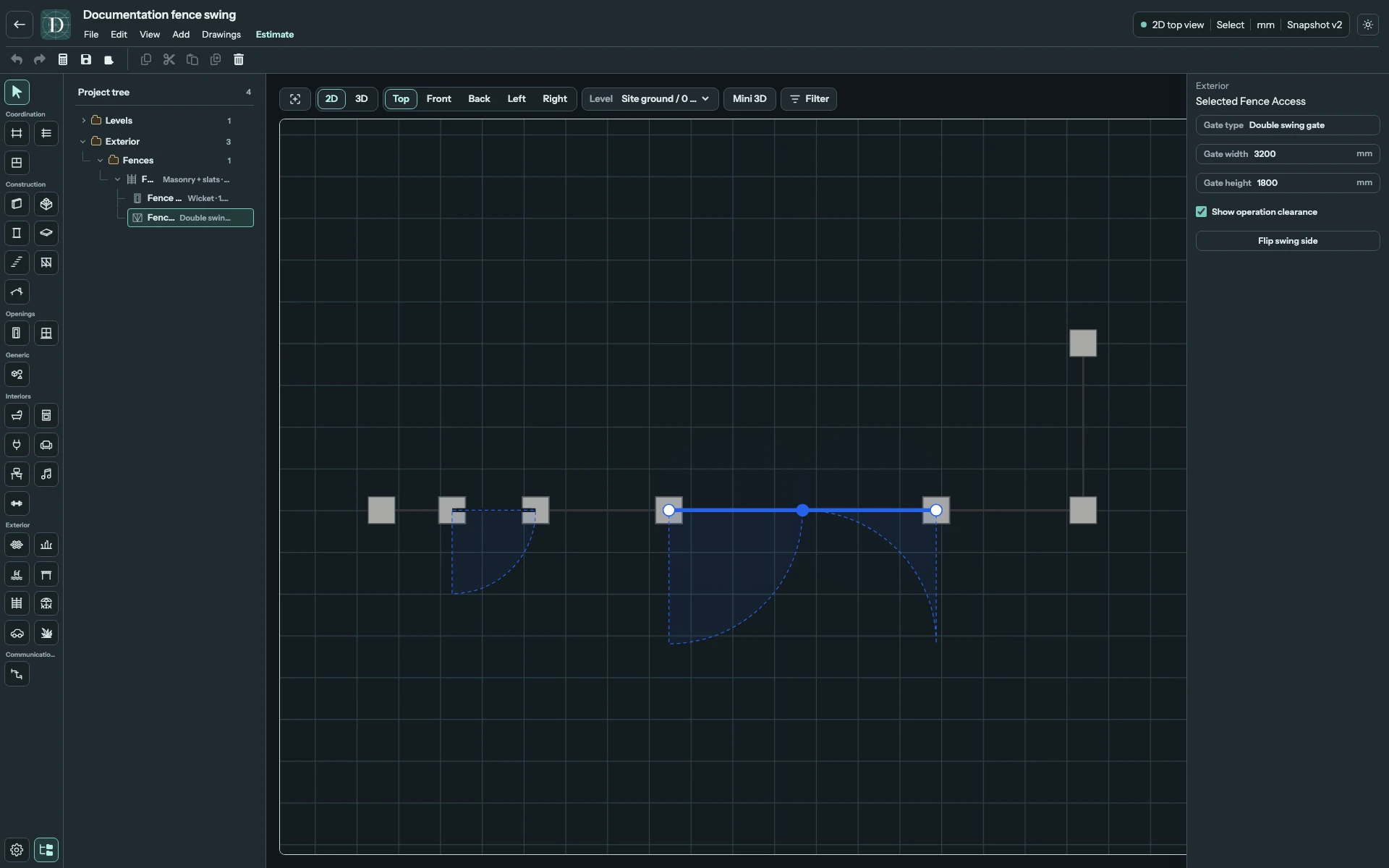 The small arc on the left belongs to the Wicket. The two larger arcs belong to the double gate and show its selected opening side; the square marks are posts. Full Top editor showing the Wicket's single swing arc and the double gate's two swing arcs, with the gate selected.