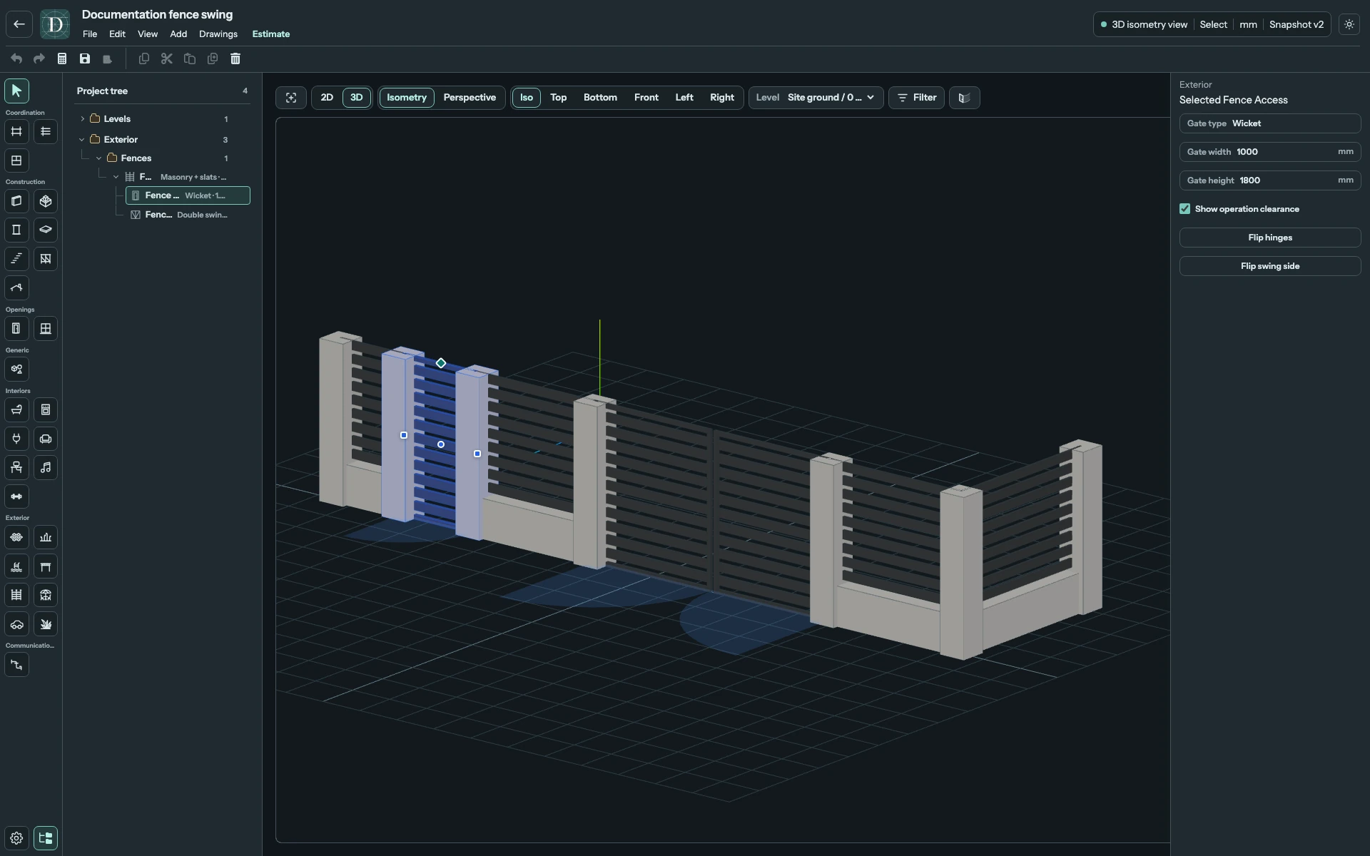 The Wicket is a separate Fence child. Its selected frame identifies the pedestrian entrance beside the larger gate. Full editor with the left-hand Wicket selected in 3D and its width, height, clearance, hinge and swing controls visible.