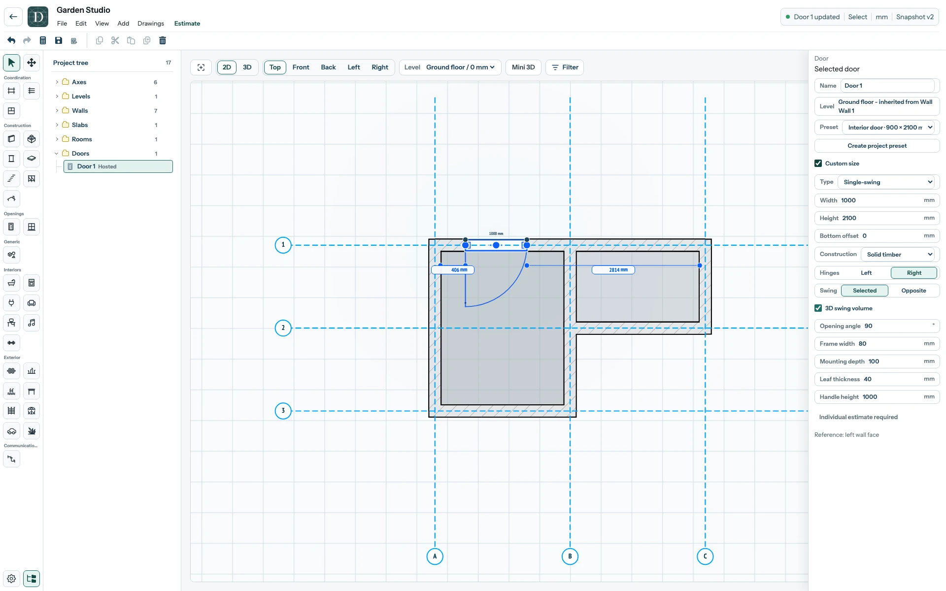 Custom size changes this Door's dimensions rather than the project's preset list. The complete editor with Custom size enabled for the selected Door and its width field in the right panel.