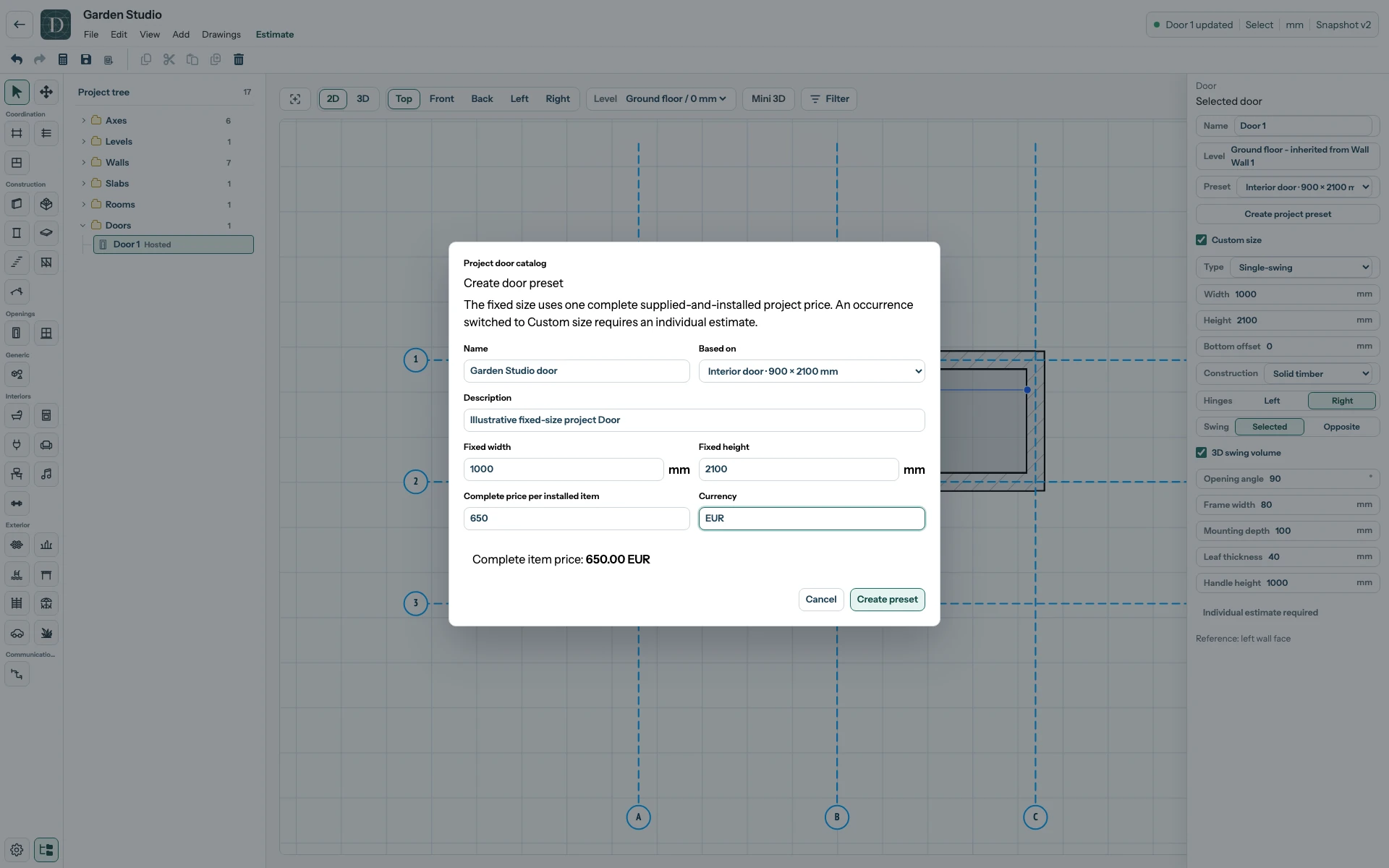 A project preset is reusable within this project and includes a complete unit price. The complete editor with the Create project preset dialog open for a Door, showing name, base preset, dimensions and price fields.