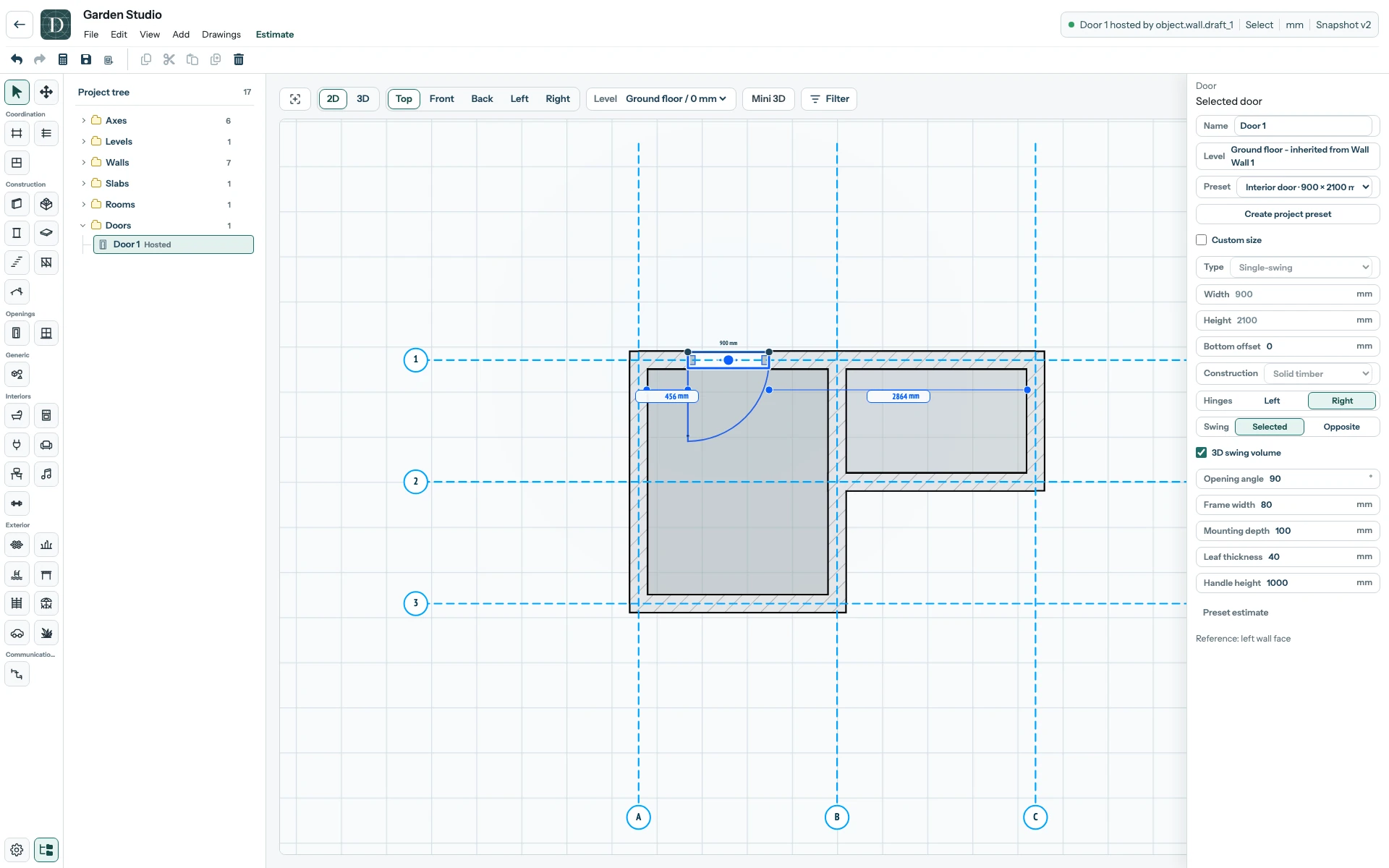The Door is hosted by a Wall; the arc shows its swing in plan. The complete Garden Studio editor in Top 2D with a selected Door in the upper Wall and its preset, inherited Level, and swing controls in the right panel.