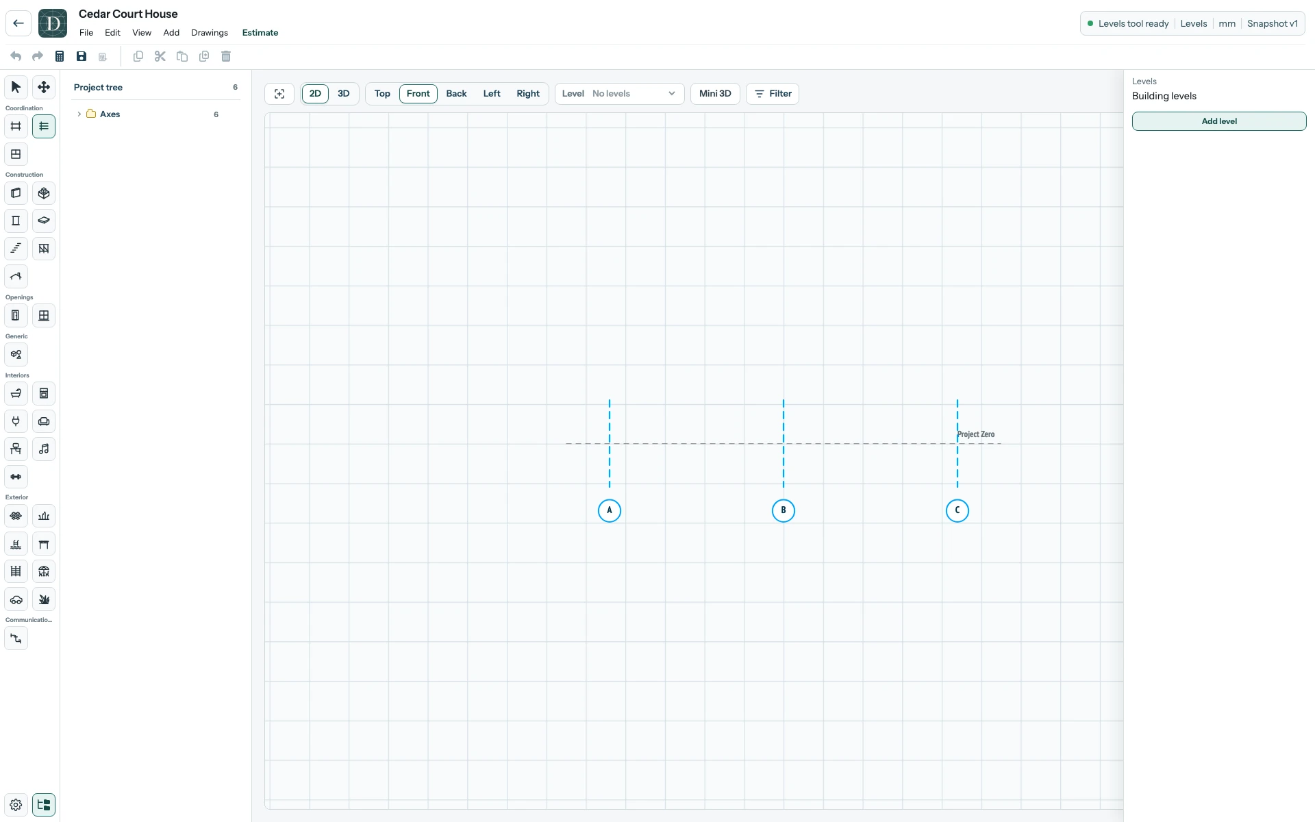 The complete Cedar Court House editor in Front 2D before Level creation: Project Zero crosses the view, the Level selector says No levels, and the right panel offers Add level.