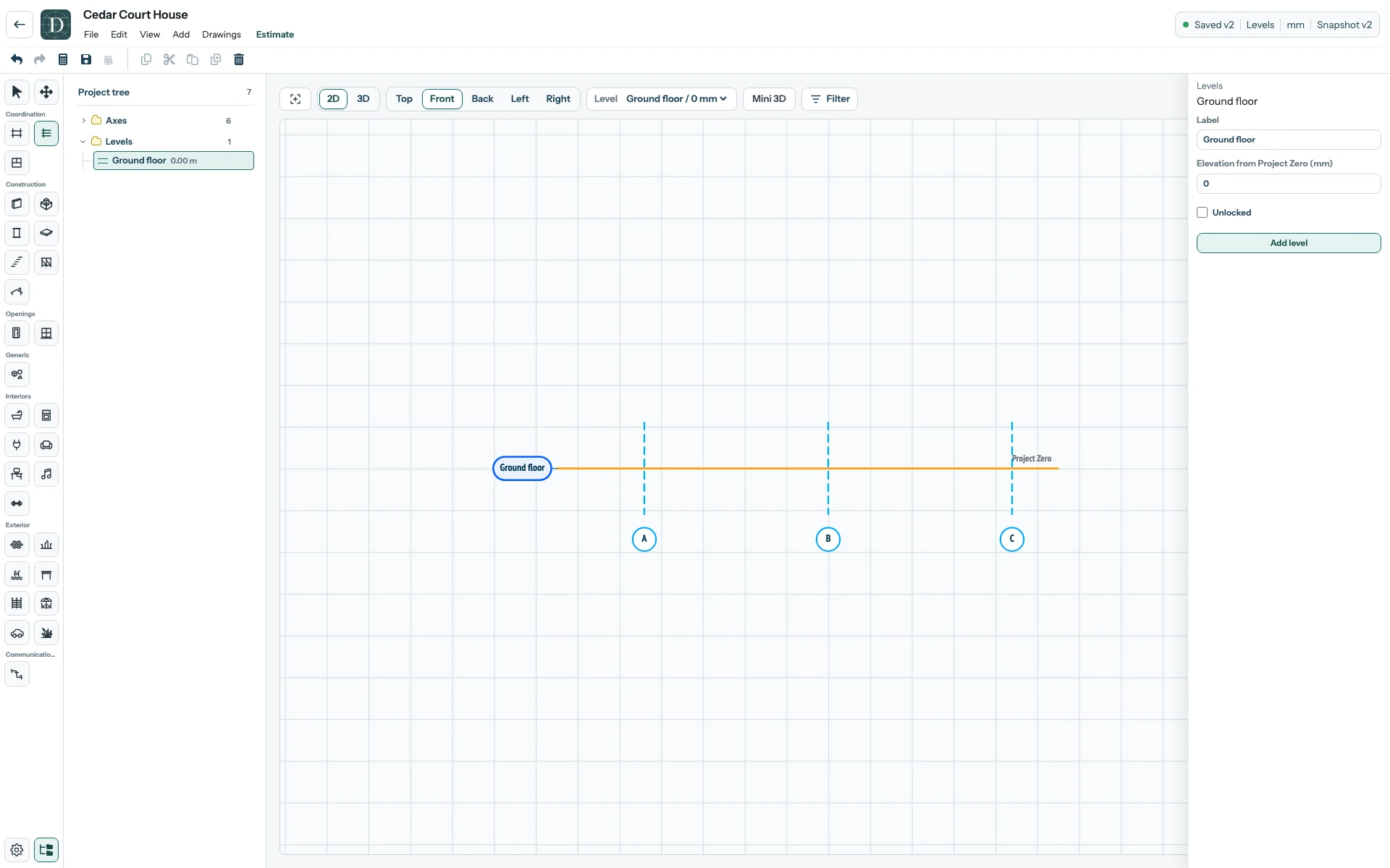 The complete Cedar Court House editor in Front 2D after saving: Ground floor is selected at 0 mm, the tree and active Level selector show its name, Project Zero remains visible, and the status reads Saved v2.