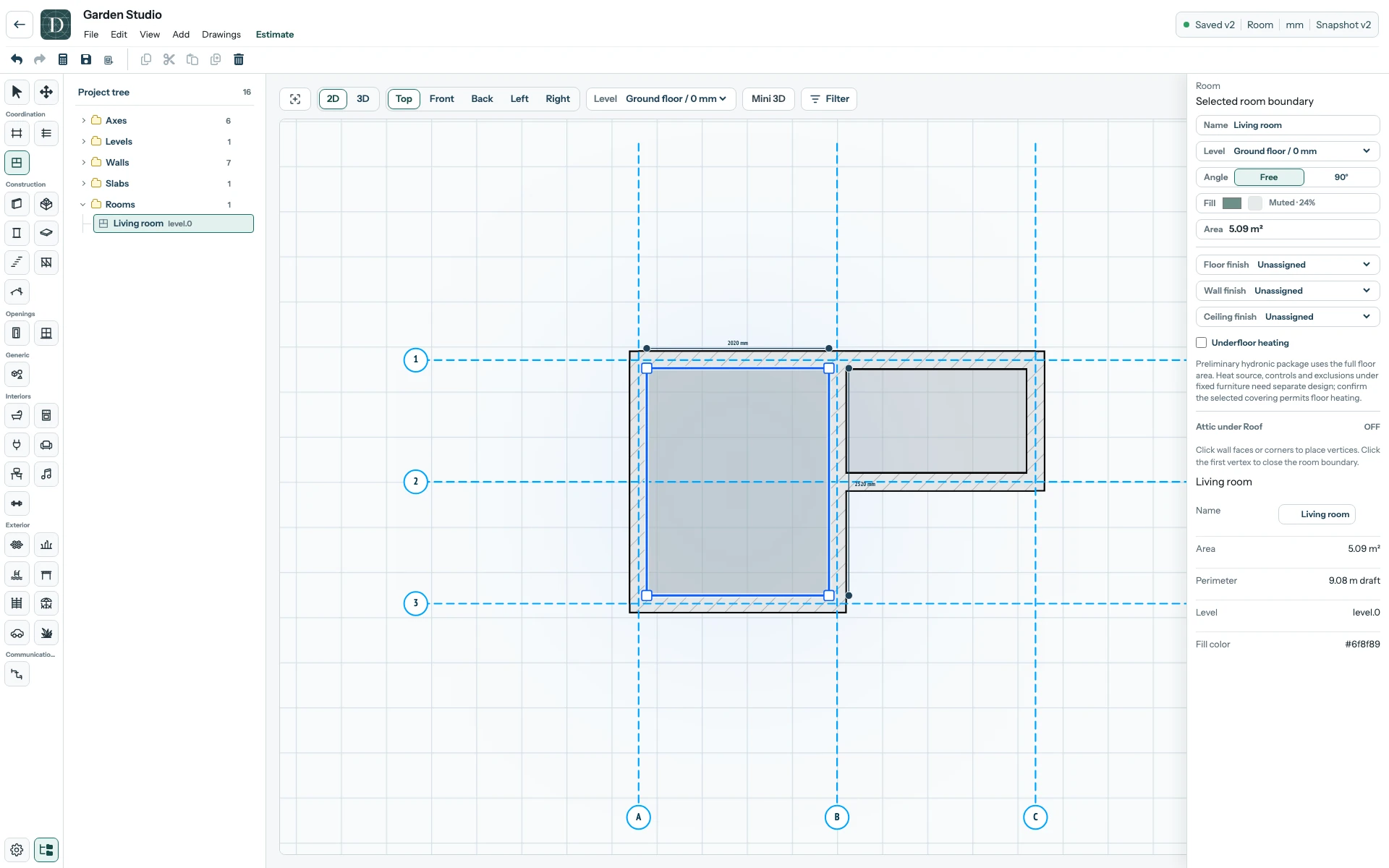 Complete Garden Studio editor in Top 2D after saving: Living room is selected inside the left bay, its calculated area is 5.09 square metres, and finishes are Unassigned.