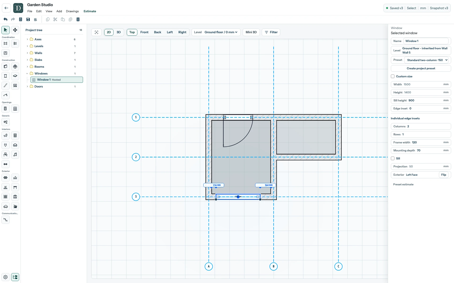 The complete Garden Studio editor in Top 2D with the selected Window in the Wall opposite the Door, its host-inherited Level, preset and Window settings.
