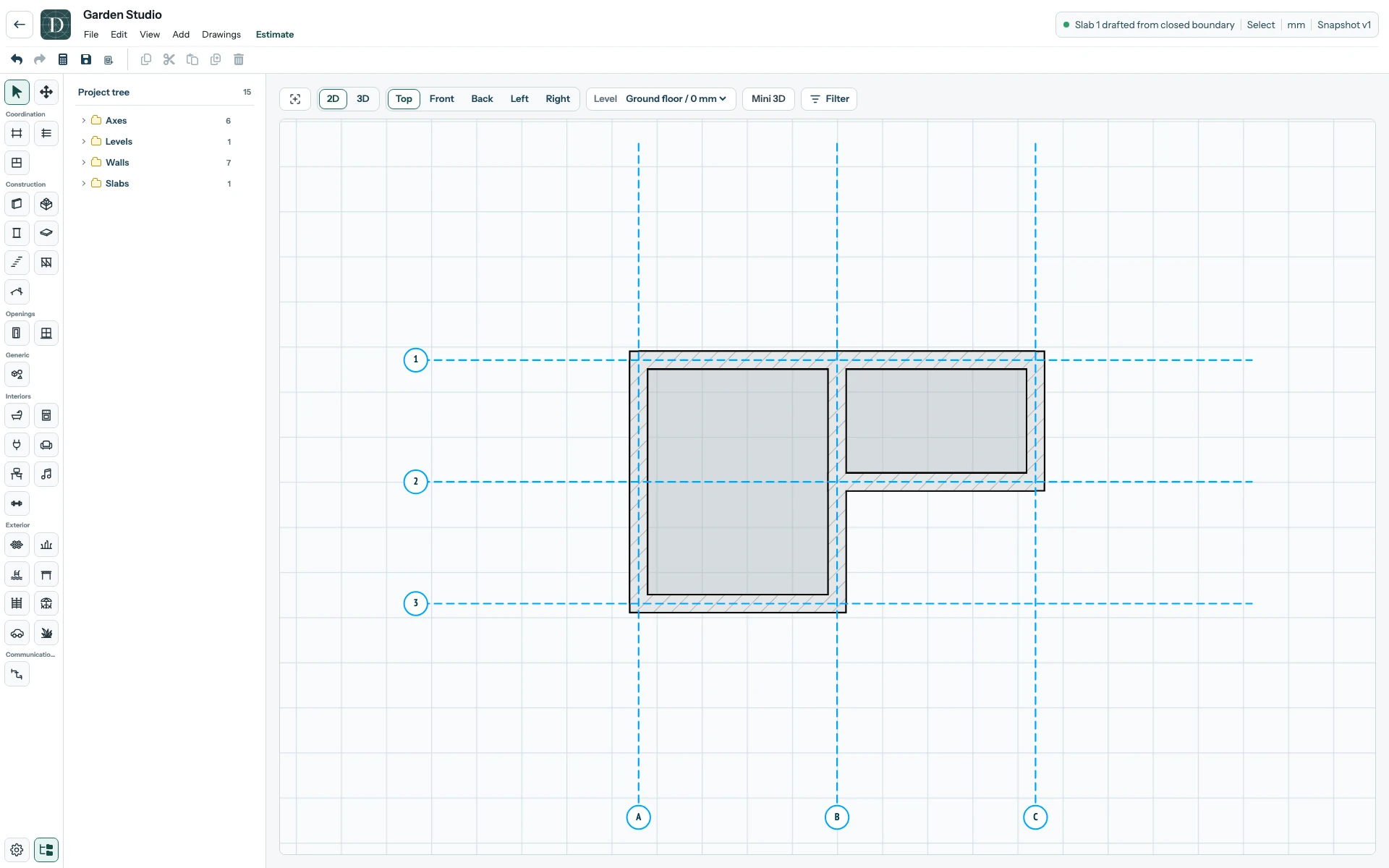 Complete Garden Studio editor in Top 2D with six L-shaped perimeter Walls, one dividing Wall, and a Floor visible under Slabs.