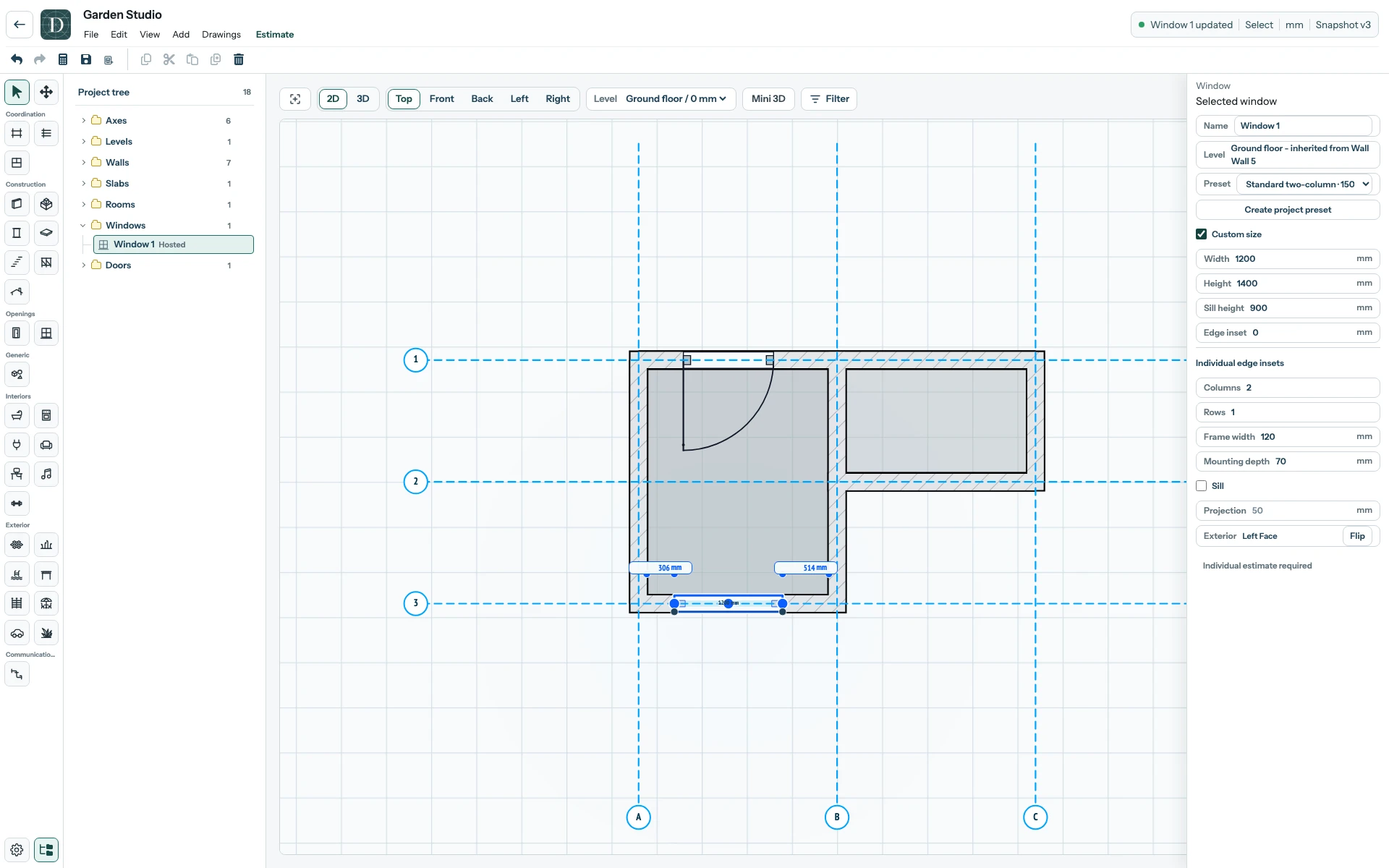 The complete editor with Custom size enabled for the selected Window and its width and section controls in the right panel.