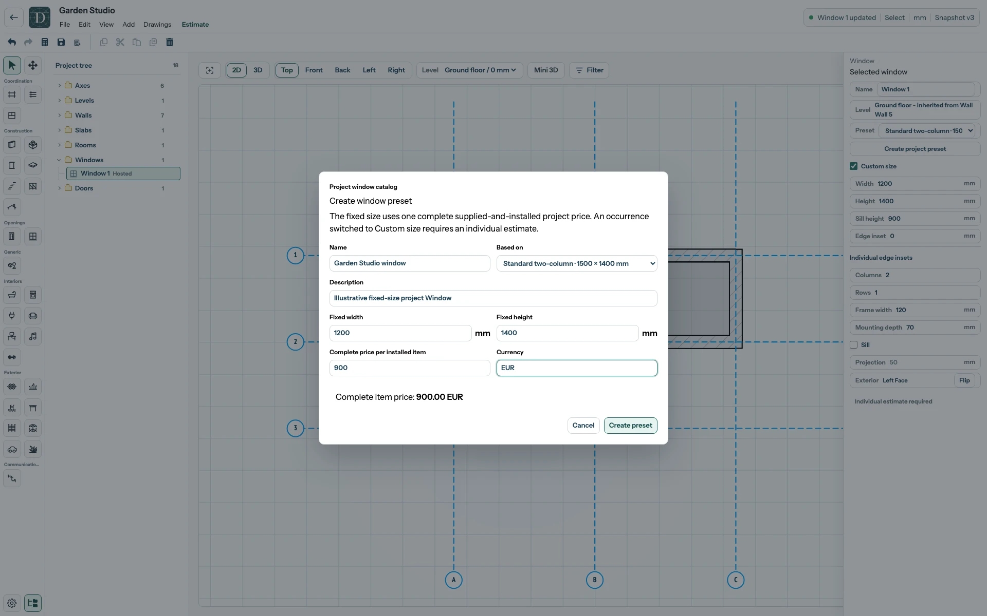 The complete editor with the Create project preset dialog open for a Window, showing name, base preset, dimensions and price fields.