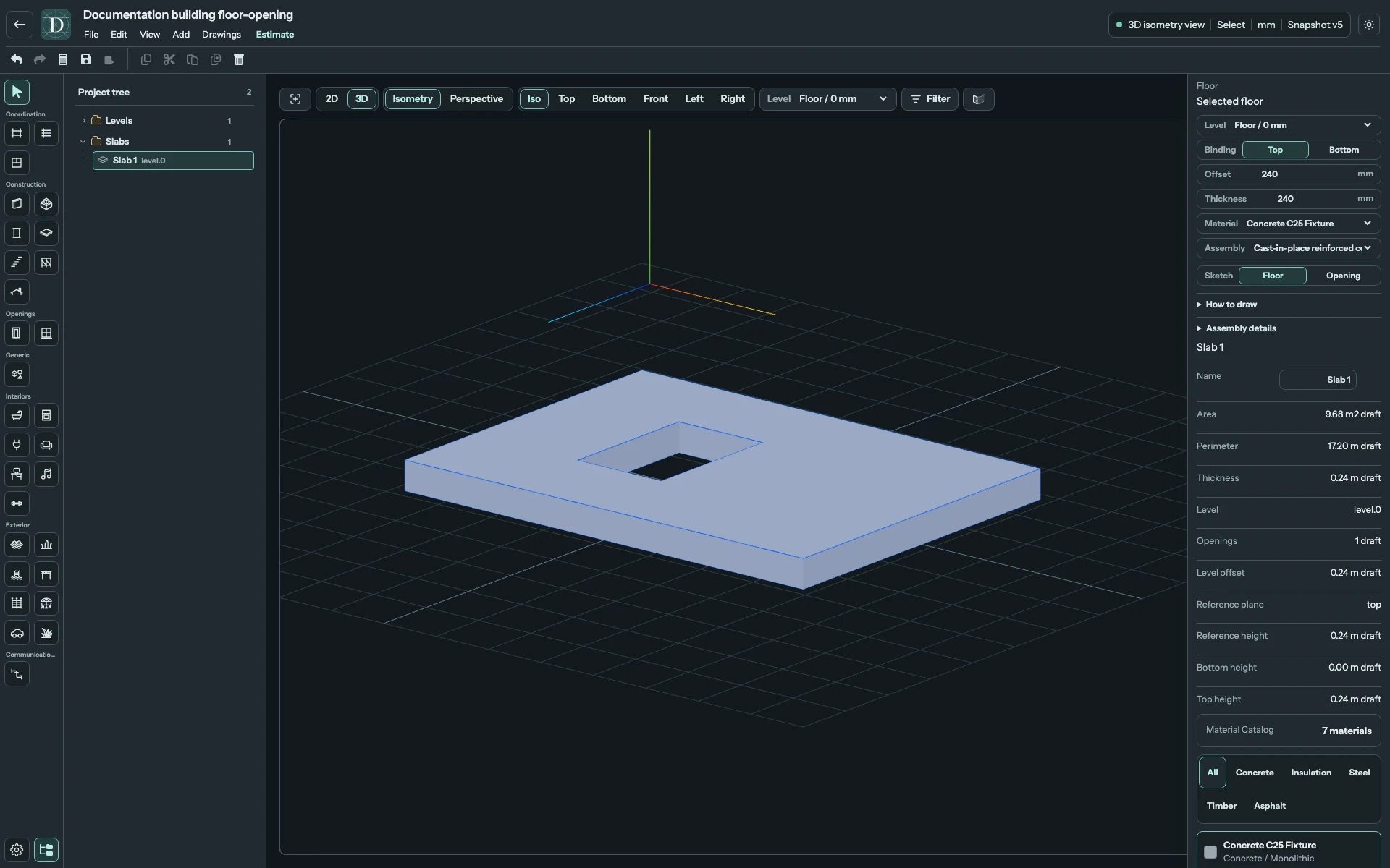 Full 3D editor focused on the Floor's thickness and rectangular through-opening.