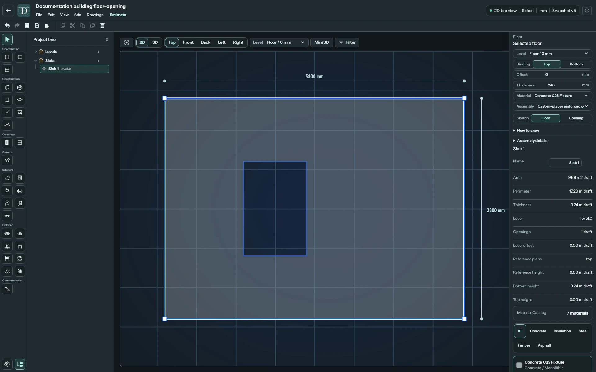 Full Top editor focused on a 3800 × 2800 mm Floor and an 800 × 1200 mm full-depth opening.
