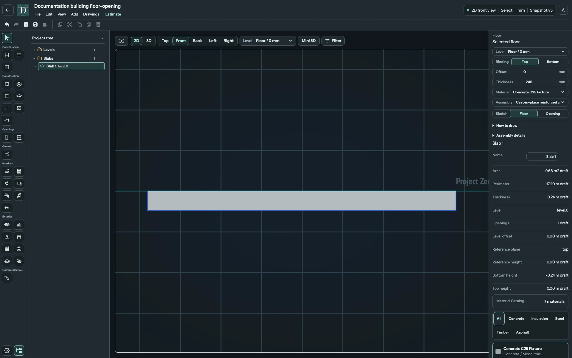 Full Front editor showing the 240 mm Floor below Project Zero with Top binding and zero offset.