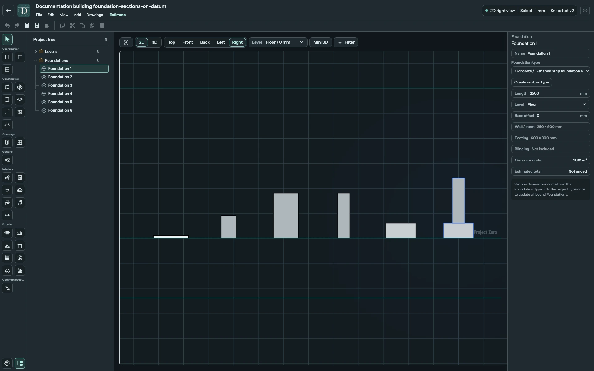Left to right: the same six families, ending with the selected T-shaped strip. A side view exposes width, height and component stacking; Top only shows their footprints. Full Right editor showing the end profiles of all six Foundation sections on the same bottom datum.
