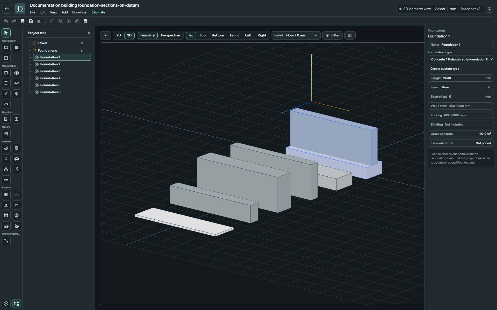 From foreground to background: Concrete blinding, Ground beam, Trench fill, Foundation wall, Strip footing and T-shaped strip. The 2500 mm study baselines share a bottom datum at 0 mm so their sections can be compared. Full 3D editor showing six Foundation sections separately, with the T-shaped strip selected.