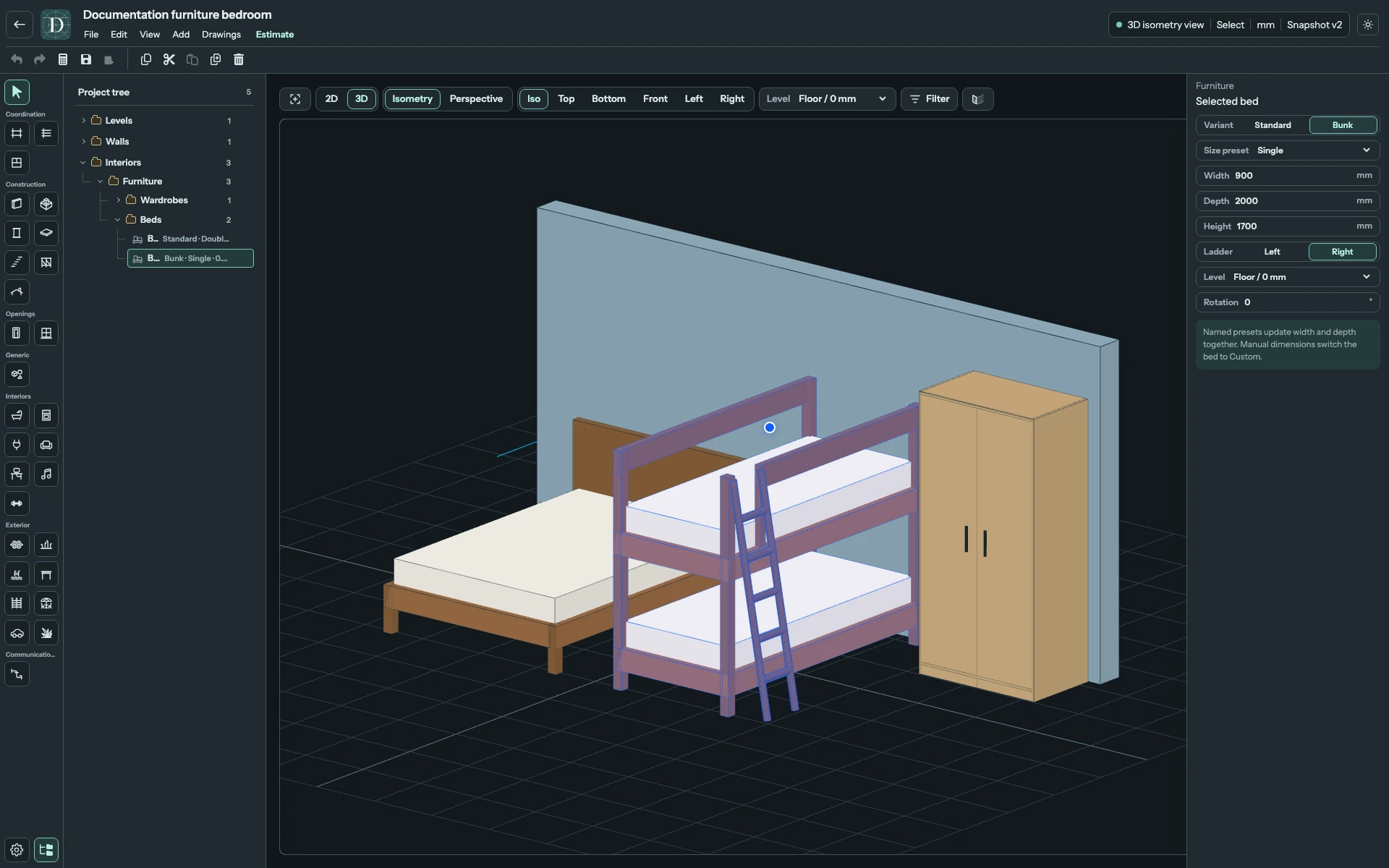 The two variants are compared at the same Level. Ladder appears in the Bunk panel and changes its side. Full editor comparing a Standard double Bed with a Single Bunk Bed beside a Wardrobe, with Bunk settings visible.