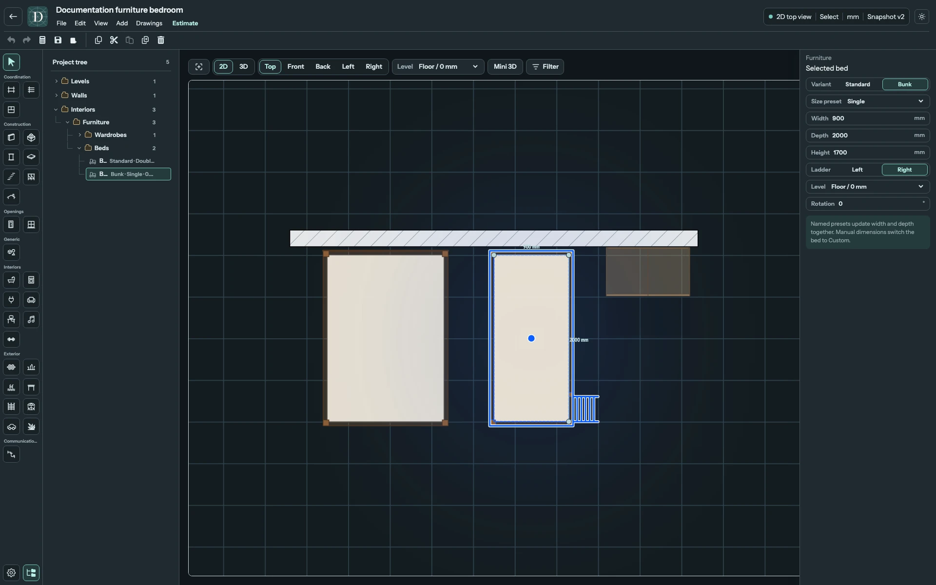 Top shows the extra frame and ladder footprint that is not included in the named sleeping-area dimensions. Full Top editor showing the Standard and Bunk footprints, including the ladder projection and neighbouring Wardrobe.
