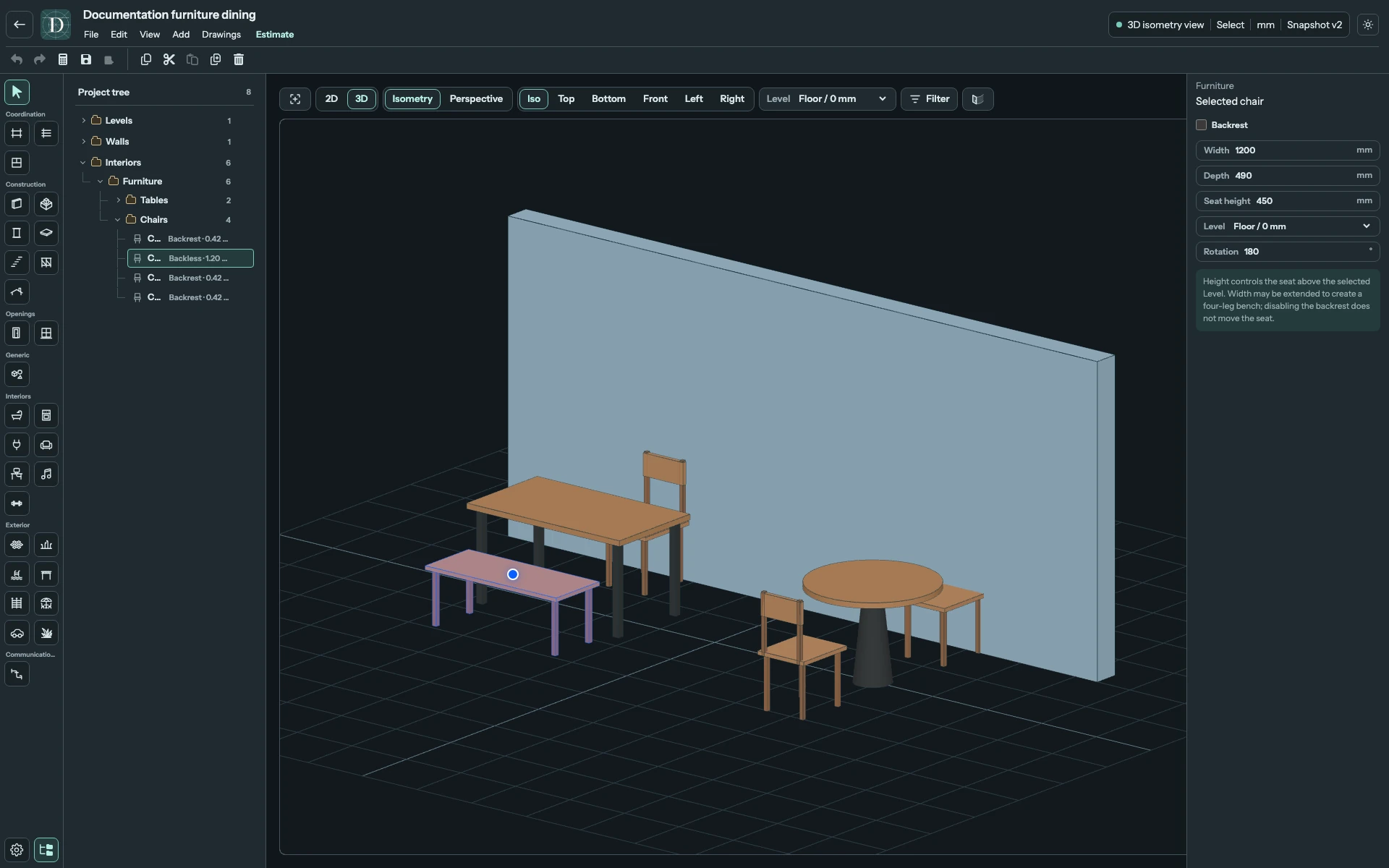 This bench uses Chair with Width 1200 mm and Backrest off. Its settings remain those of a Chair. Full editor with the wide backless bench selected beside the rectangular dining table and ordinary chairs.