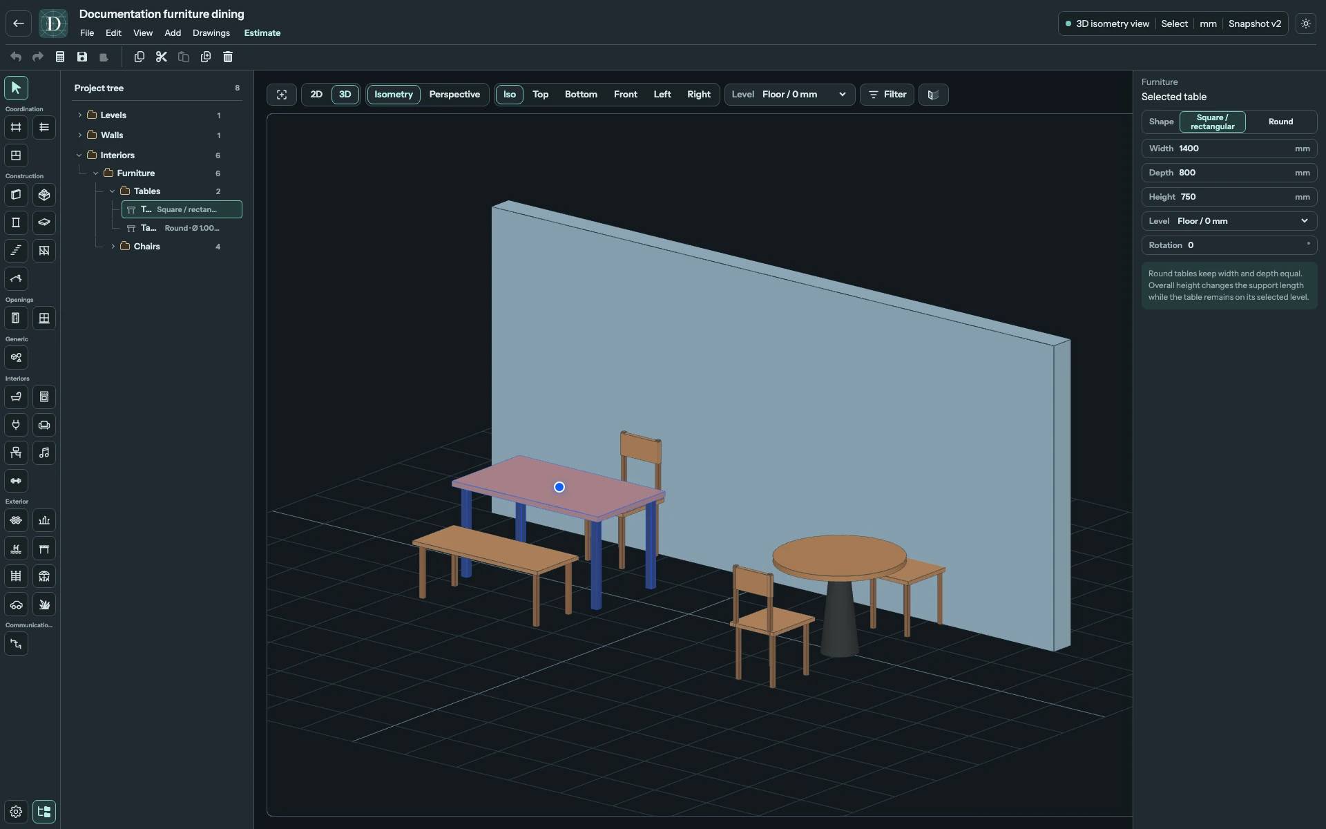 The two table shapes have separate settings. The wider seat beside the rectangular table is a Chair configured as a bench. Full editor showing rectangular and round tables with chairs and a bench, with the rectangular table selected in 3D.