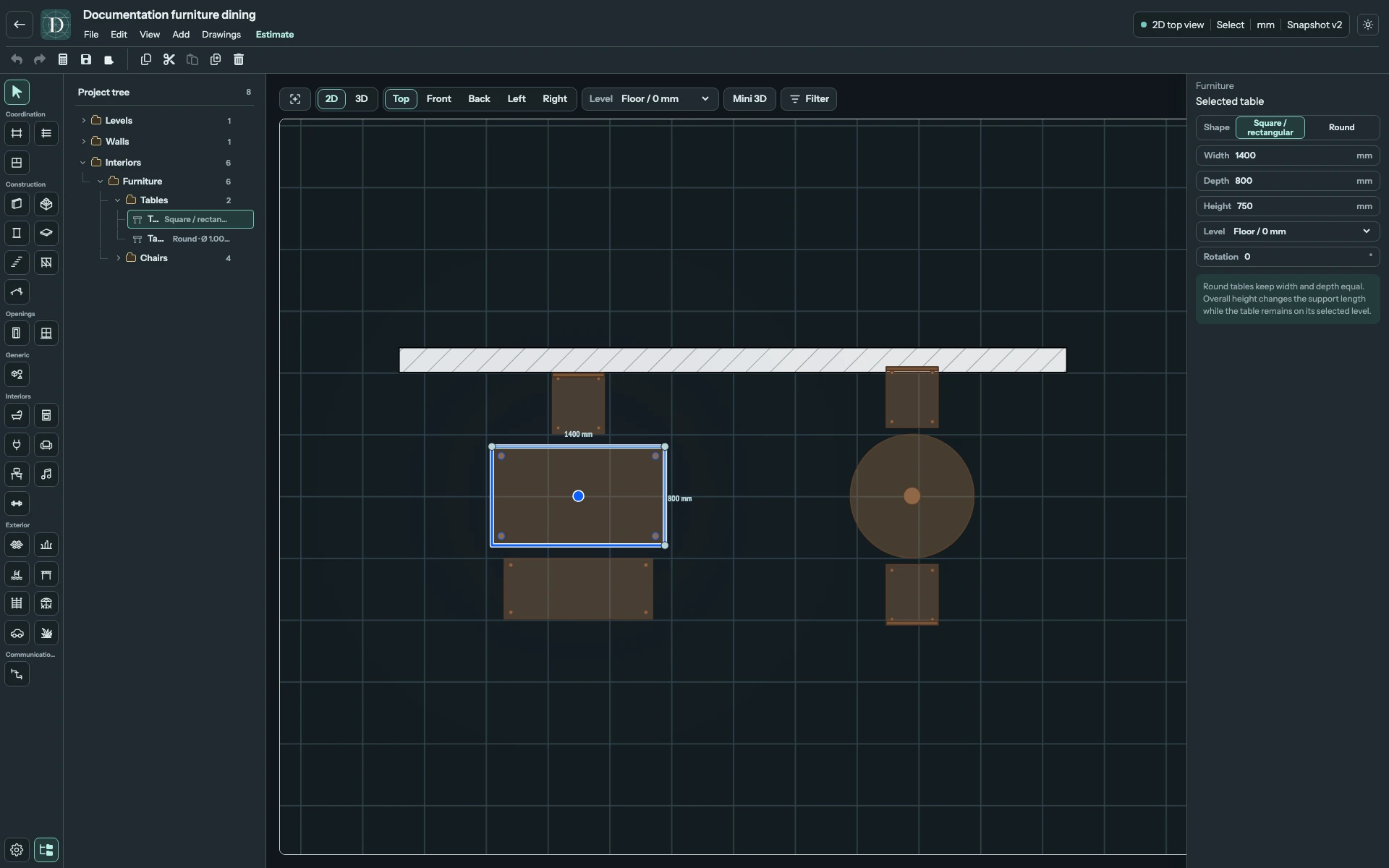 Top makes the rectangular footprint and circular diameter easy to compare, along with the placement of seats around them. Full Top editor showing the two dining arrangements and their seating footprints.