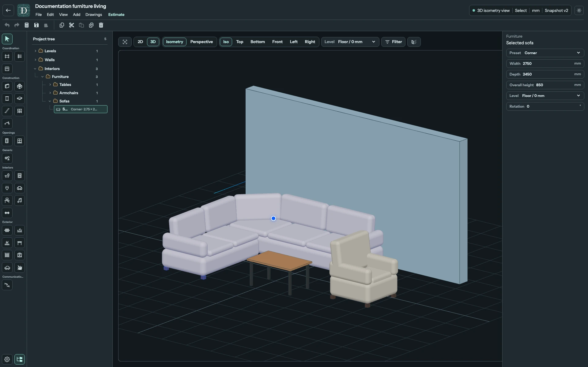 The Corner sofa supplies two connected seating runs. The low table and Armchair are separate furniture objects. Full editor showing a corner sofa facing a coffee table and an armchair, with the Sofa settings visible.