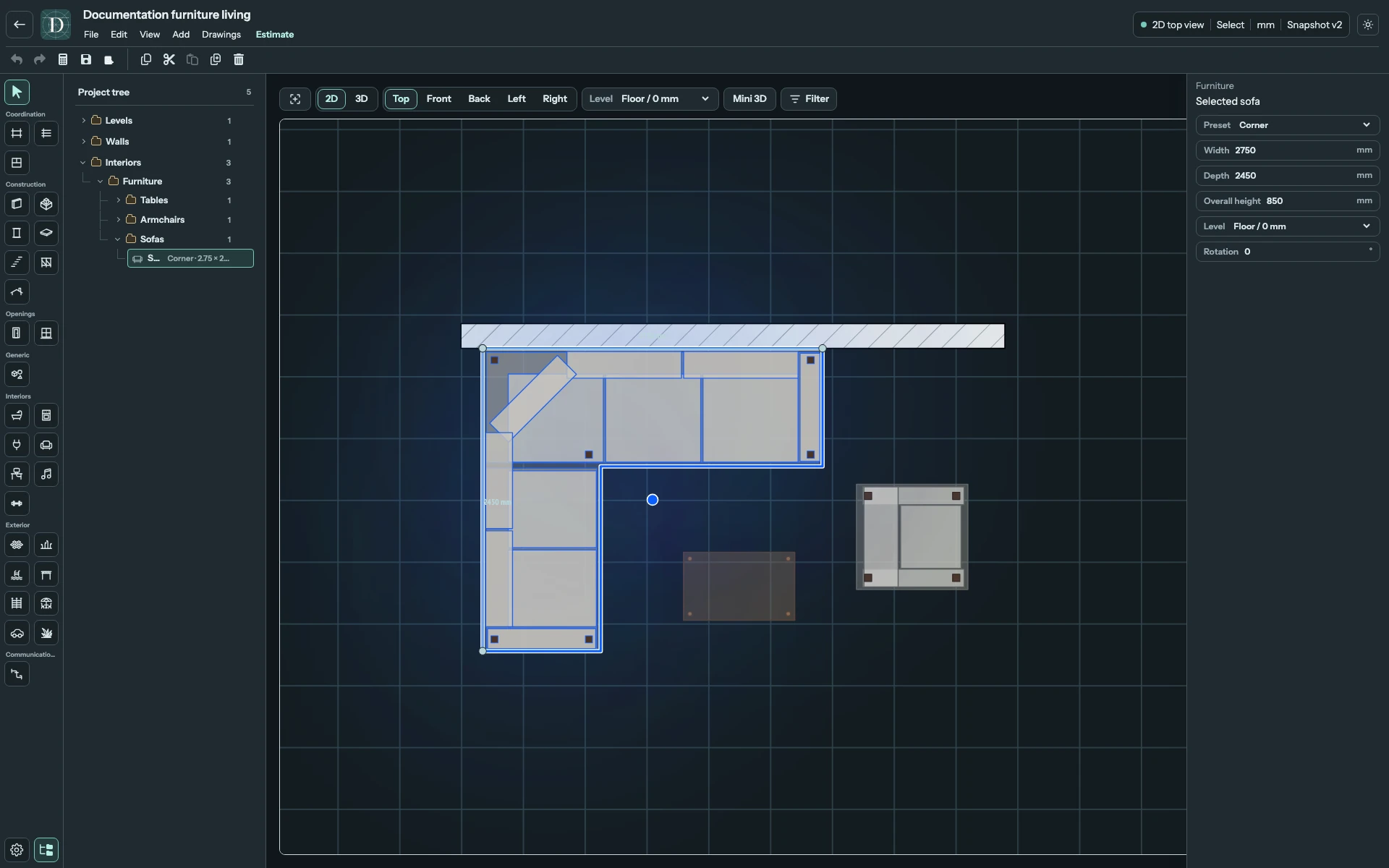 Read the Corner return in Top before rotating or resizing the whole sofa. Full Top editor showing the L-shaped Sofa footprint, coffee table and Armchair orientation.