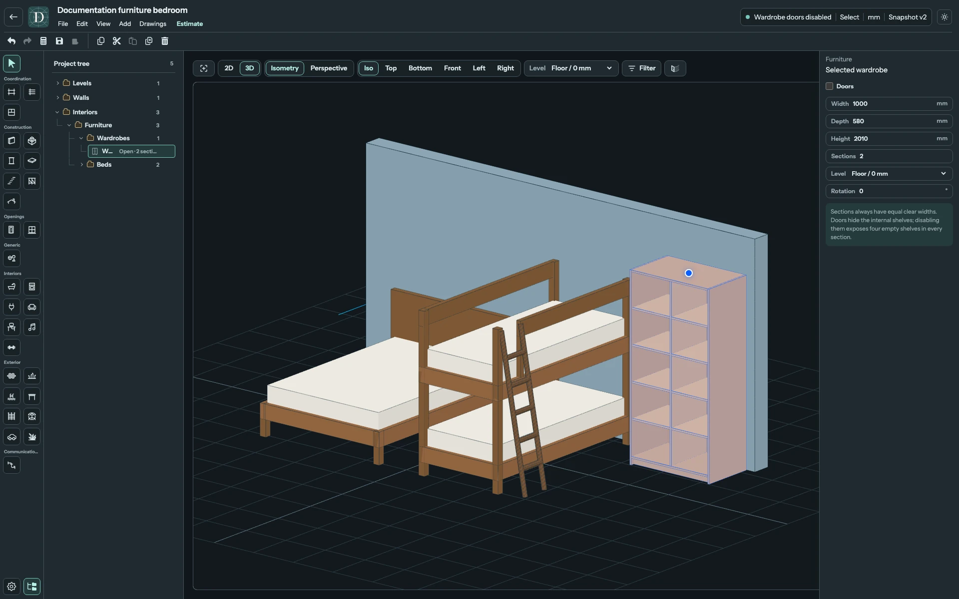 Doors changes the same Wardrobe between closed storage and visible shelves. Sections changes its internal equal divisions. Full editor showing the Wardrobe with Doors off beside the two beds, revealing its two equal shelving sections.